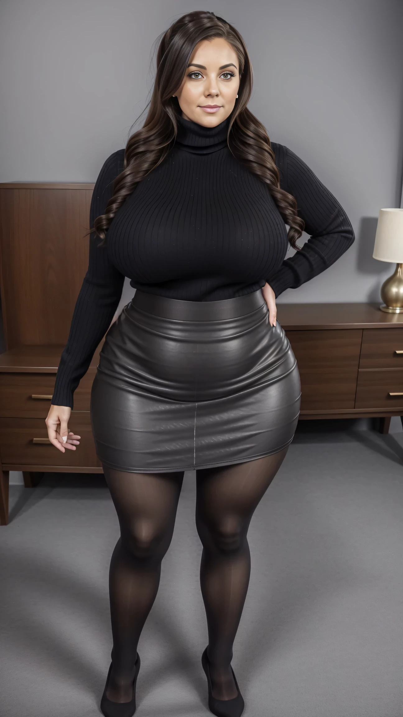 Full body shot of 1 beautiful Izrael  35yo woman , large body, voluptuous woman, dark bun messy  hair, ,  turtleneck sweater,  scarf, sexy  skirt,  black tights black pantyhose tempting , dreaming, curvy hourglass figure, oppai proportion, heavy exaggerated proportions short skirt tight skirt fuck pussy spread legs 