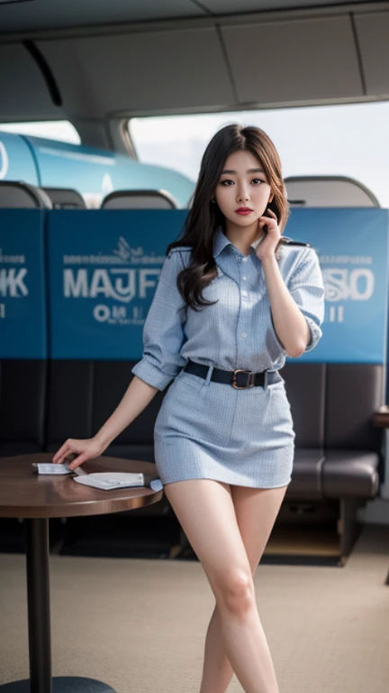 Slender Asian Girl, K-Pop Idols, ((stewardess)), ((highest quality, 8k, masterpiece: 1.3)), Sharp focus: 1.2, Beautiful woman with perfect figure: 1.4, Highly detailed face and skin texture, Fine grain, ((skinny)), Beautiful Face, Symmetrical face, full length, sexy、((Leg spread:1.5))