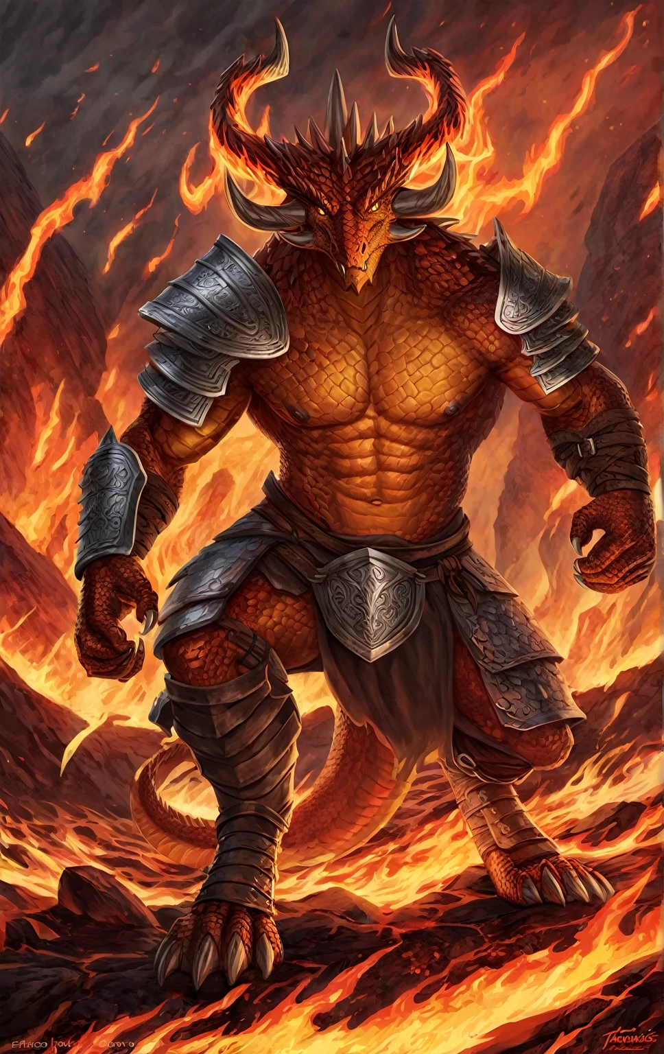 Fire Dragon warrior,comic book style, illustration, solo, abs, viking, magma detailed scales, majestic horns, rough scales, plated scales, ferocious, male, [[badass pose]], nipples, masterpiece, best art, armor, full body, boots, digitigrade, 