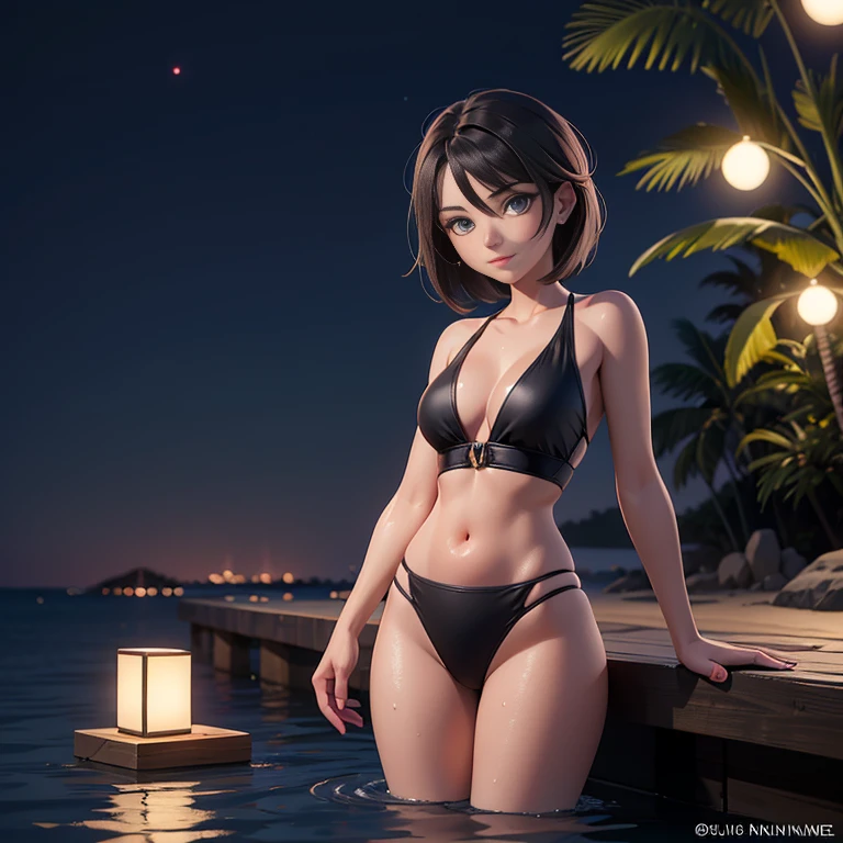 jeune femme de 25 ans, brune, professional lighting, flash lighting, nuit noire, On a secluded beach, a genoux au bord de l'eau, maillot de bain à fleurs, calendar girl