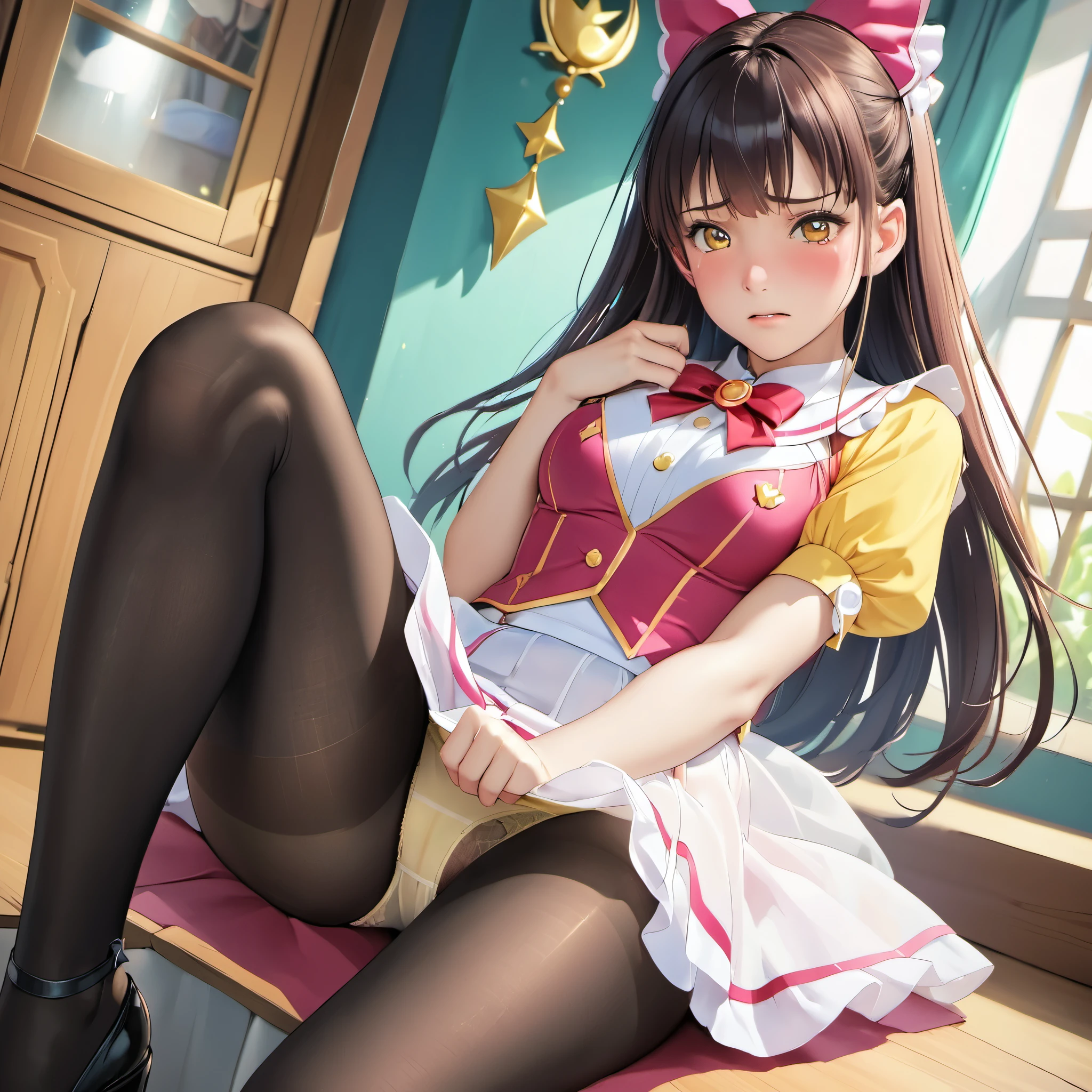 1girl, magical girl, panties,skirtlift,((upskirt)),((pantyshot)),(yellow panty),((Small panties)),(((See-through panties))),(((black pantyhose))),white race panty, ,Are crying,Anguished expression、Embarrassed look,8k,Realistic、Anime illustration,CG
