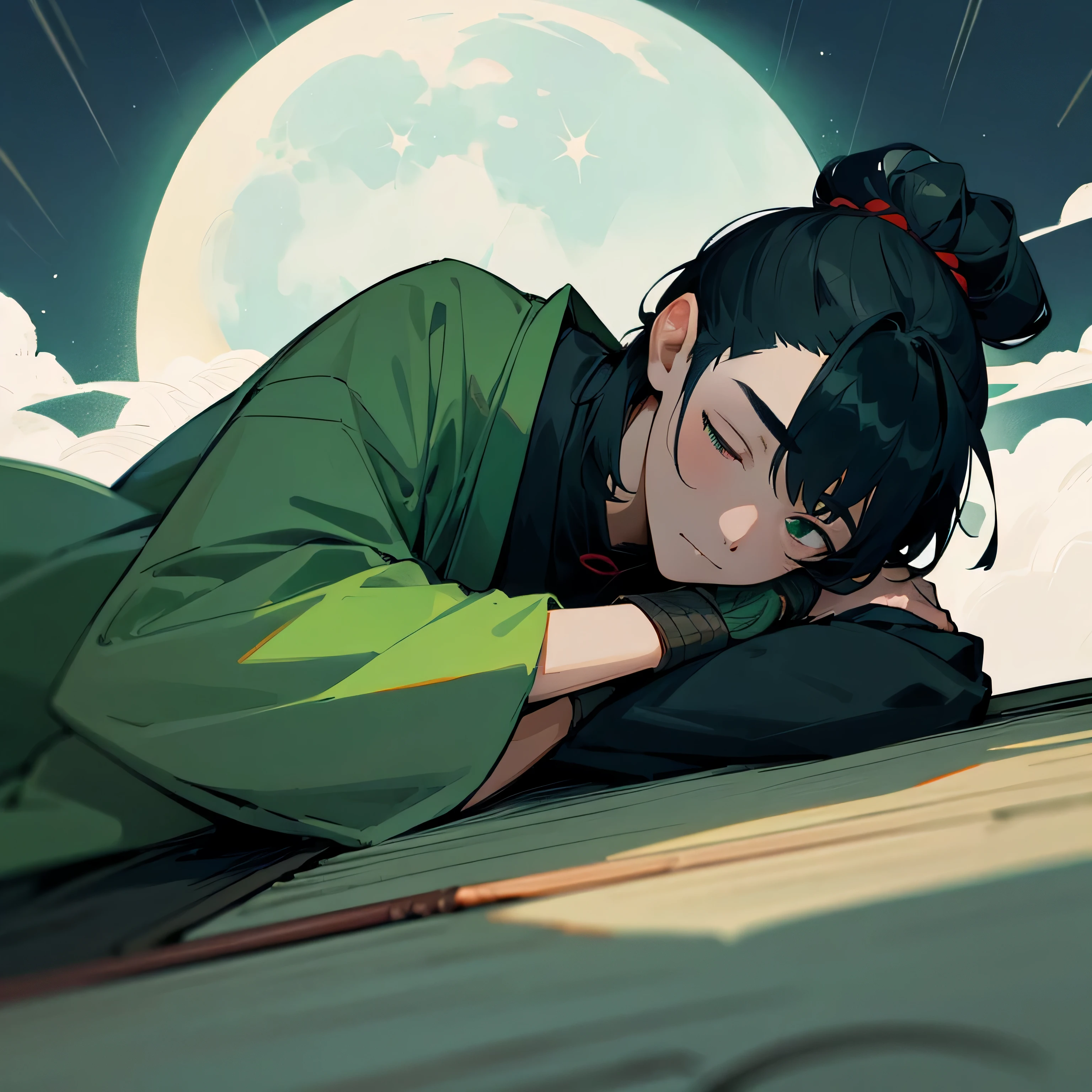 Close-up of a young Japanese samurai man sleeping，Hair is black topknot，wonderful，The moonlight is beautiful in the middle of the night、Green as the base color、One eye open