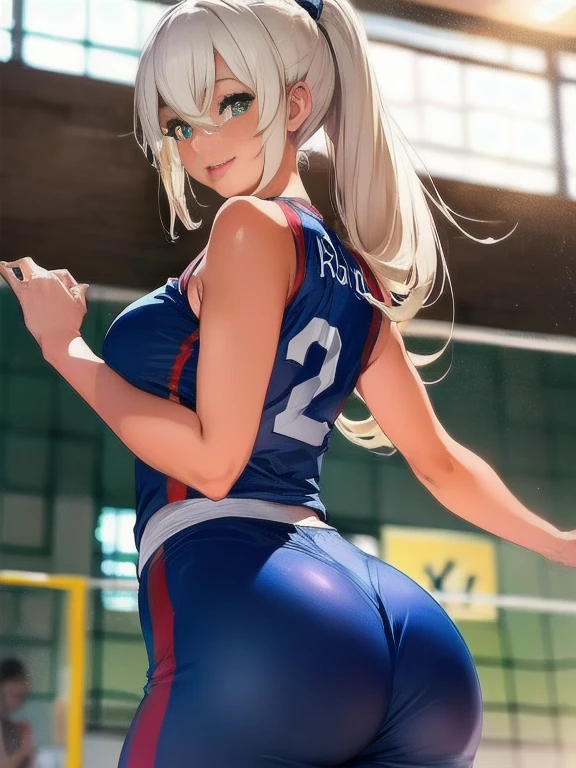 ((masterpiece, best quality, high resolution, UHD, pixel perfect, depth of field, 8k, RTX, HDR)), cowboy shot, BREAK, 1 girl, ((girl style anime)), Glossy skin, rounded eyes, beautiful eyelashes, realistic eyes), (detailed face, blushing:1.2), (smooth texture:0.75, realistic texture:0.65, photorealistic:1.2, anime CG style, sharp, Beauty of perfect body, realistic shadow perfect body, BREAK, dark skin, medium breasts, long hair, curly hair, white hair, well defined eyes, high definition eyes, Beautiful detailed eyes, eyelashes and black shadow under the eyes, BREAK, blushing, high gloss eyes, shiny skin, sharp, Perfect Body Beauty, round ass, (Black Volleyball Uniforms:1.3), Black bloomers, Natural Color Lip, BREAK, Bold sexy poses, Smile, 20 years girl, Cute, Sexy shot looking at camera, Gymnasium, Volleyball Court, Attack the ball.