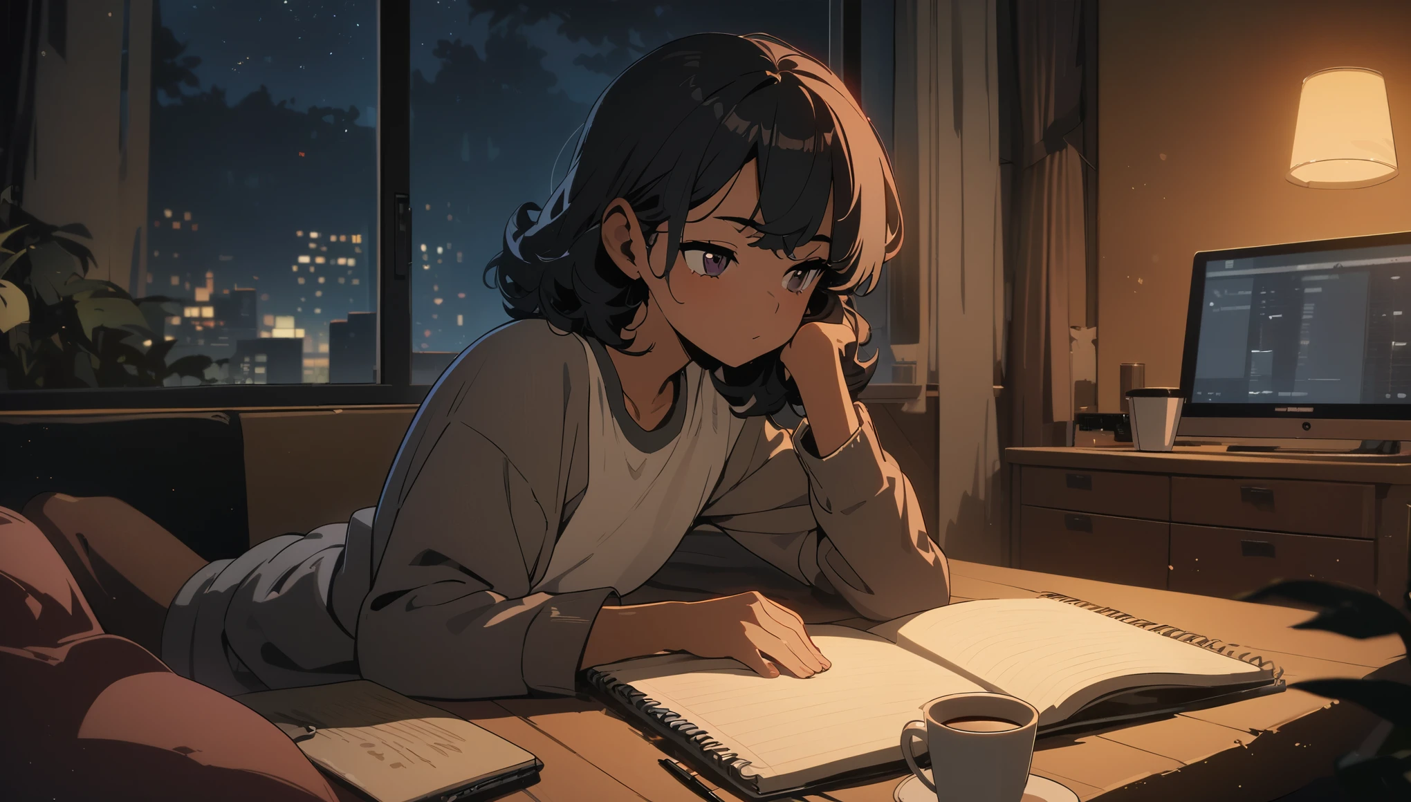 Lofi, Boy with dark skin, Black curly hair, Comfy, Notebook, Coffe, Night, Relax, Room, HD, High Resolution, Masterpiece, 4K
