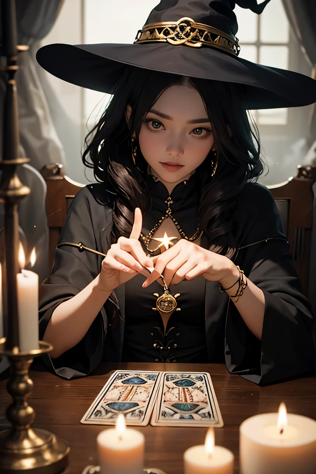 Araped woman sitting at table holding tarot cards, casting spell, fortune-teller, casting spell wizard, black magic spells, Tarot Card Environment, female wizard who practices magic, wizard reading tarot, magic magic, 보호 casting spell, witch woman, Dark fantasy female wizard, With the power of black magic, candles on the table, with tarot cards, "Look straight into the camera,", Random Actions,