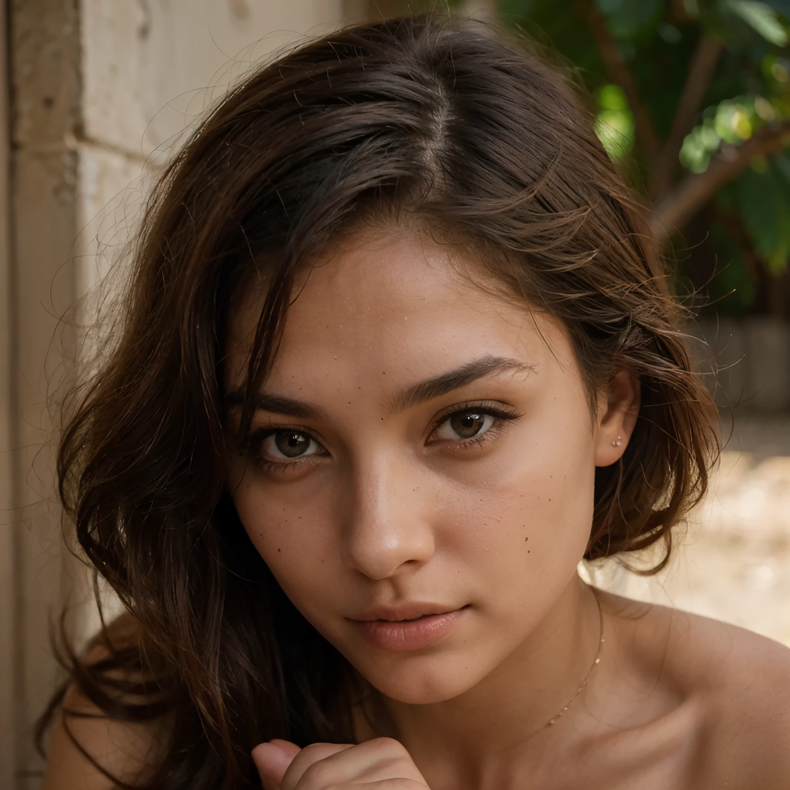 A full body of a 18-year-old Arabic nude girl with short red hair. nude, Her dark brown eyes are fixed on the camera, conveying serenity and spiritual wisdom. where the soft light highlights her calm and mysterious aura. she is naked, She has dark skin, which seems to exude a natural glow. Her hair is short, with a cut that highlights her confident and spiritual expression. The strands are the color of ebony, with some natural highlights that shine softly in the light. Her eyebrows are well defined and complement her expressive eyes. They seem capable of seeing beyond appearances and delving into the depths of the human spirit. Her face is serene, with soft features that suggest compassion and empathy. She has a big gentle smile that radiates calmness and confidence. Her presence is welcoming and inspiring.