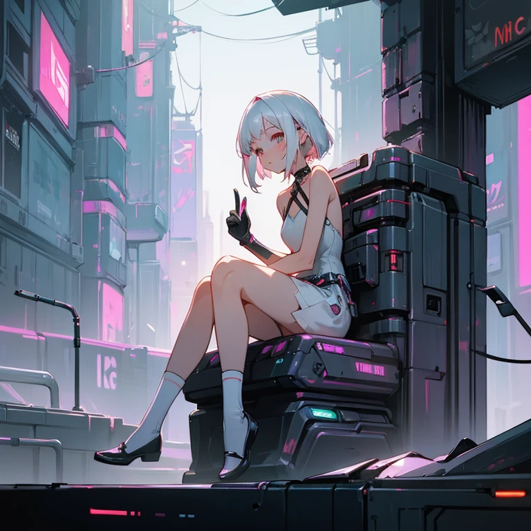 (((enchanting))), (((cyberpunk))). Whimsical cute girl sitting alone in the park at night. Girl, thick horizontal bangs , white hair, short straight hair, long thin braids, short white halter dress, black shorts, long Harajuku socks, innocent, friendly