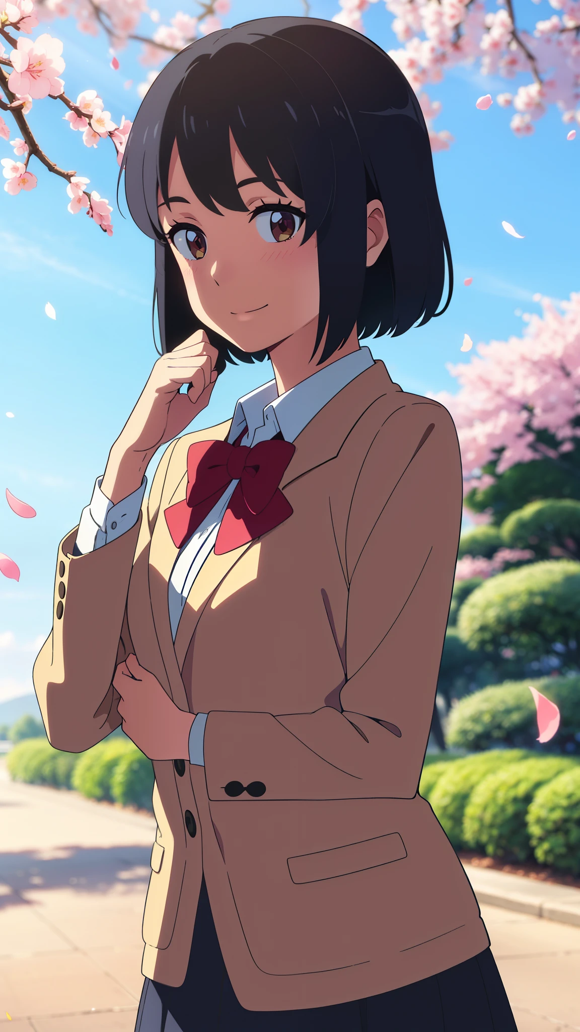 shinkai makoto, kimi no na wa., 1girl, bangs, black hair, blush, brown eyes, shiny skin, red headband, red bow, red ribbon, collared shirt, white shirt, black blazer, white skirt, short hair, smile, cute, solo, happy, beautiful, looking at the viewer, long sleeves, upper-body, cherry_blossoms, falling_petals, petals, branch, pink_flower, blue_sky, sunlight, spring_season, wind, tree