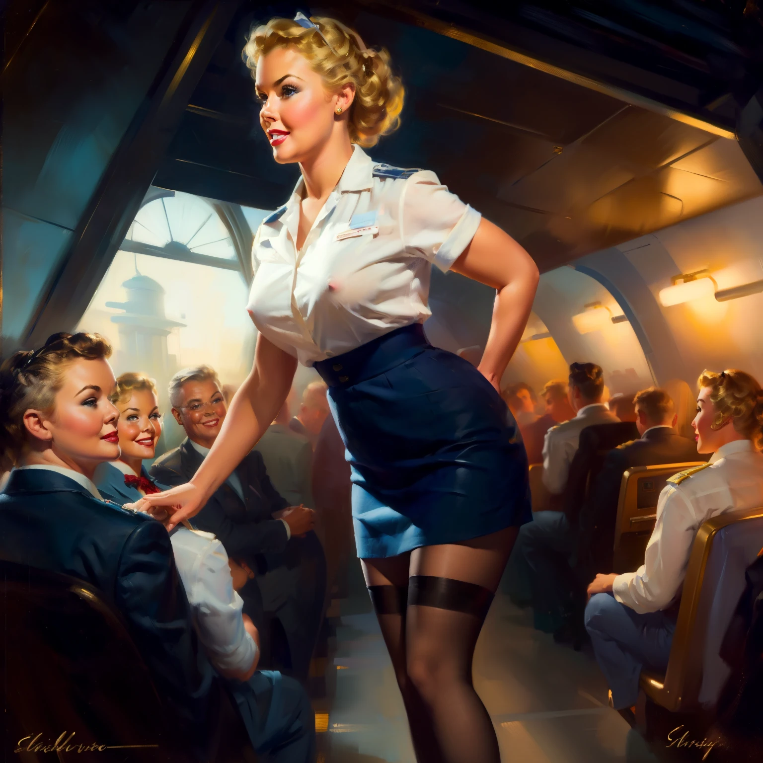 nsfw, photorealistic, beautiful face, (masterpiece:1.4), (best quality:1.4), extremely detailed, hyper-detailed, soft lighting, 38 years old beautiful 1950's pin-up stewardess standing in the aisle of a crowded airplane, big breasts, erected hard nipples, one short blonde hairbun, shaved pubic area, (perfect_face), dressed in an unbuttened white shirt and a darkblue flight attendant uniform, stewardess, lace stockings with suspender belt, high heels, golden jewellery, intricate, 4k, detailed_background, full_body, realistic, 8k, sexy, stressed smile, very stressed facial expression
