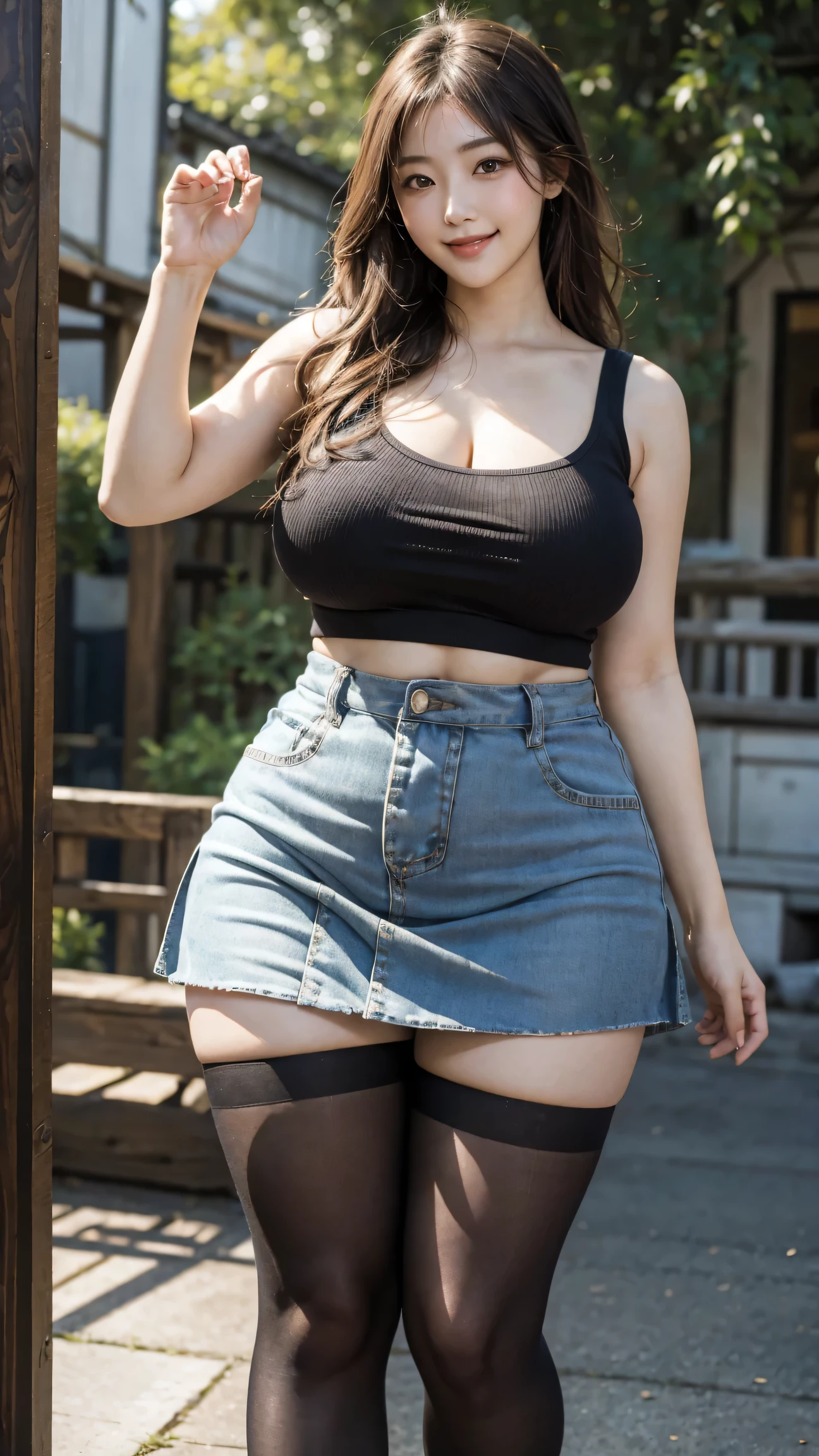 high quality,8K,high resolution,japanese woman,1 personality,tall,thick plump thighs,realistic texture,Muchimuchi,(tights),Saggy big,cute smile,mini skirt,side,large drooping udder,zoomout,(Valley 1.6),thin waist,muscular body,,,,,