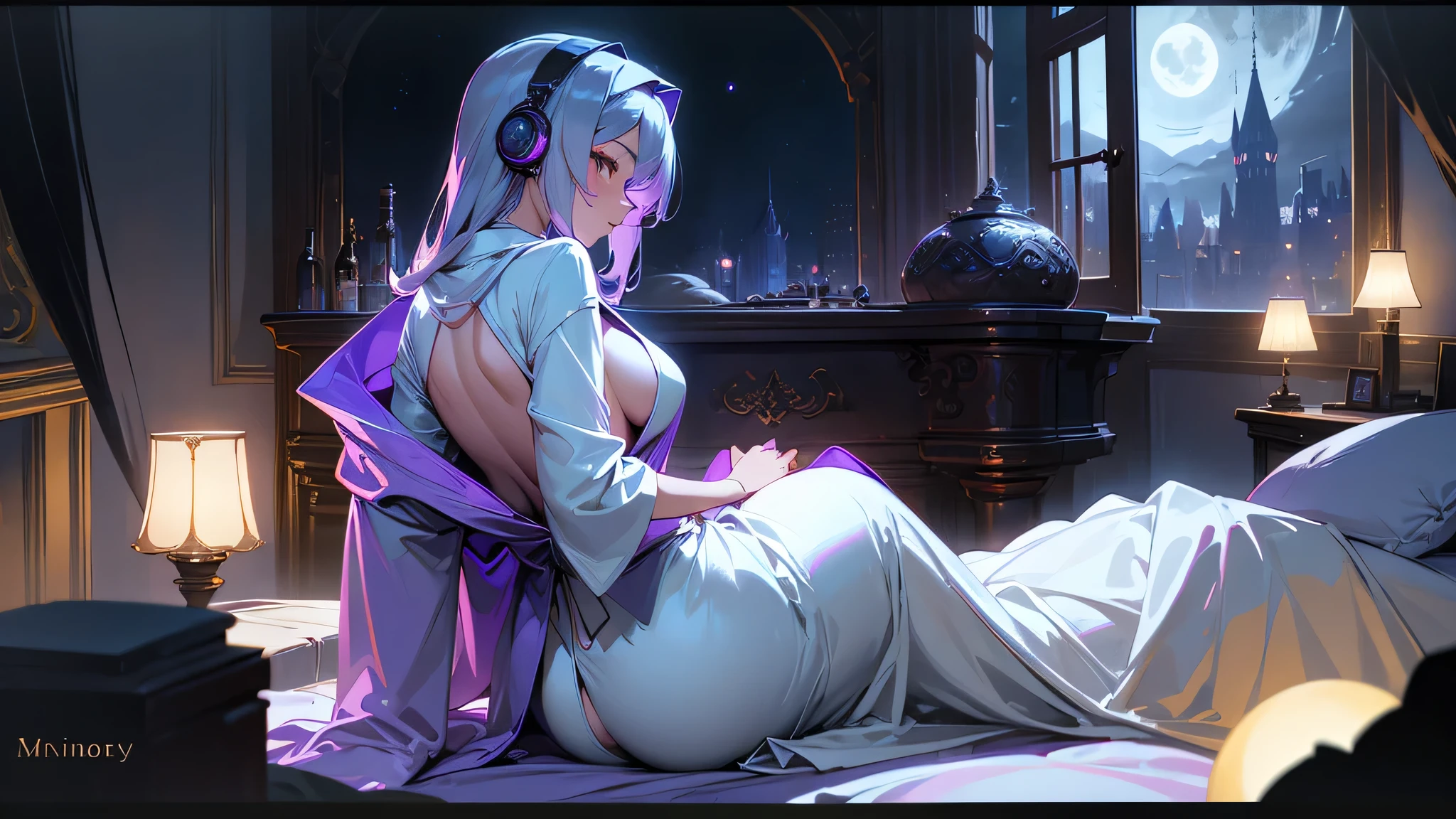 A woman wearing a bathrobe and headphones is lying on the bed、A beautiful night view behind、Big Breasts、sexy、Room with a night view、Moonlight、Unbuttoned、Half naked、Beautiful woman looking back、Butt、Beautiful buttocks、Downlight、full moon、Stylish room with fireplace、Silver Hair