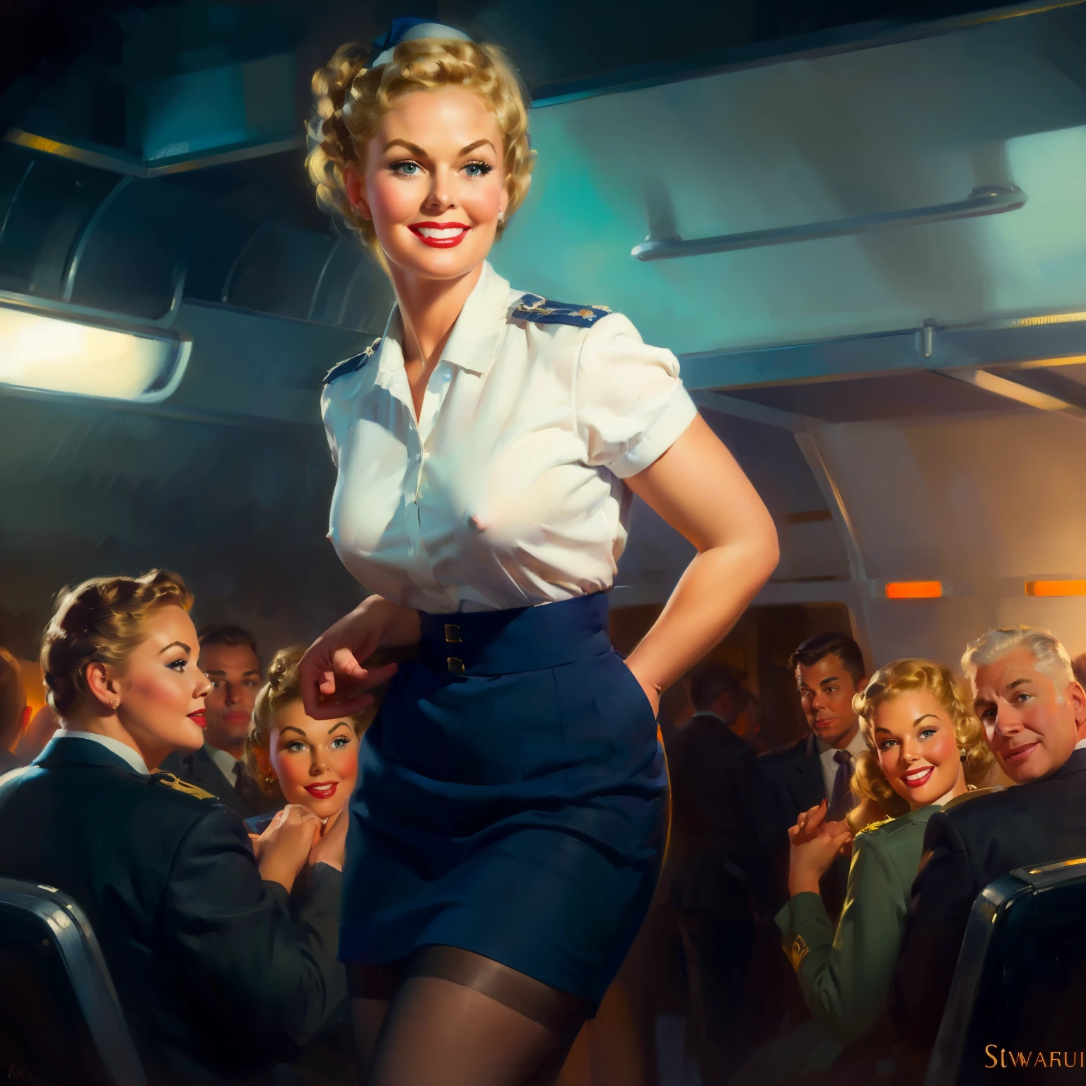 nsfw, photorealistic, beautiful face, (masterpiece:1.4), (best quality:1.4), extremely detailed, hyper-detailed, soft lighting, 38 years old beautiful 1950's pin-up stewardess standing in the aisle of a crowded airplane, big breasts, erected hard nipples, one short blonde hairbun, shaved pubic area, (perfect_face), dressed in an unbuttened white shirt and a darkblue flight attendant uniform, stewardess, lace stockings with suspender belt, high heels, golden jewellery, intricate, 4k, detailed_background, full_body, realistic, 8k, sexy, stressed smile, very stressed facial expression