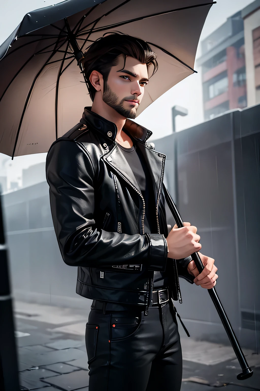 A young man with a beard, wearing a leather jacket, holding a large black umbrella in his hand.against the background of the rain. stylization,composition,hyperdetalization