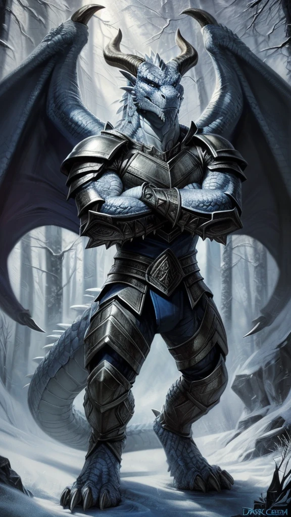 Dragon warrior,comic book style, illustration, solo, viking, light blue detailed scales, majestic horns, rough scales, plated scales, ferocious, male, [[proud pose]],, masterpiece, best art, armor, full body, digitigrade, by darkgem, spikes, snowy forest background, crossed arms, wings on back