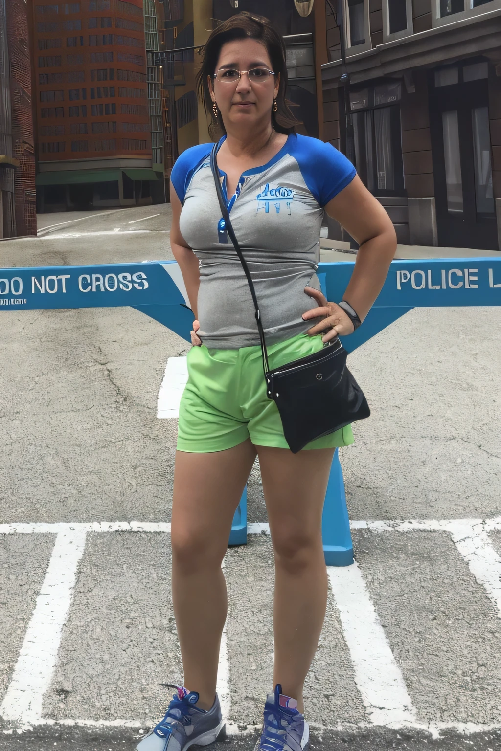 woman standing in front of a police sign in a parking lot, standing in street, standing in a city street, mid 2 0's female, standing in the street, standing in a parking lot, standing on street corner, dressed in a top and shorts, half body shot, full body length shot, fullbody shot, standing in the streets