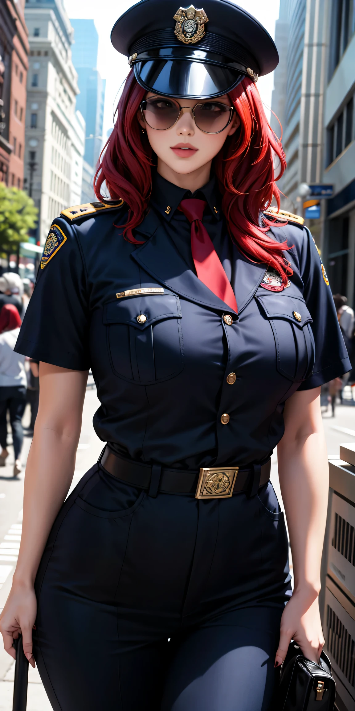 Police cap girl red hair long sunglasses police uniform super model beautiful face 