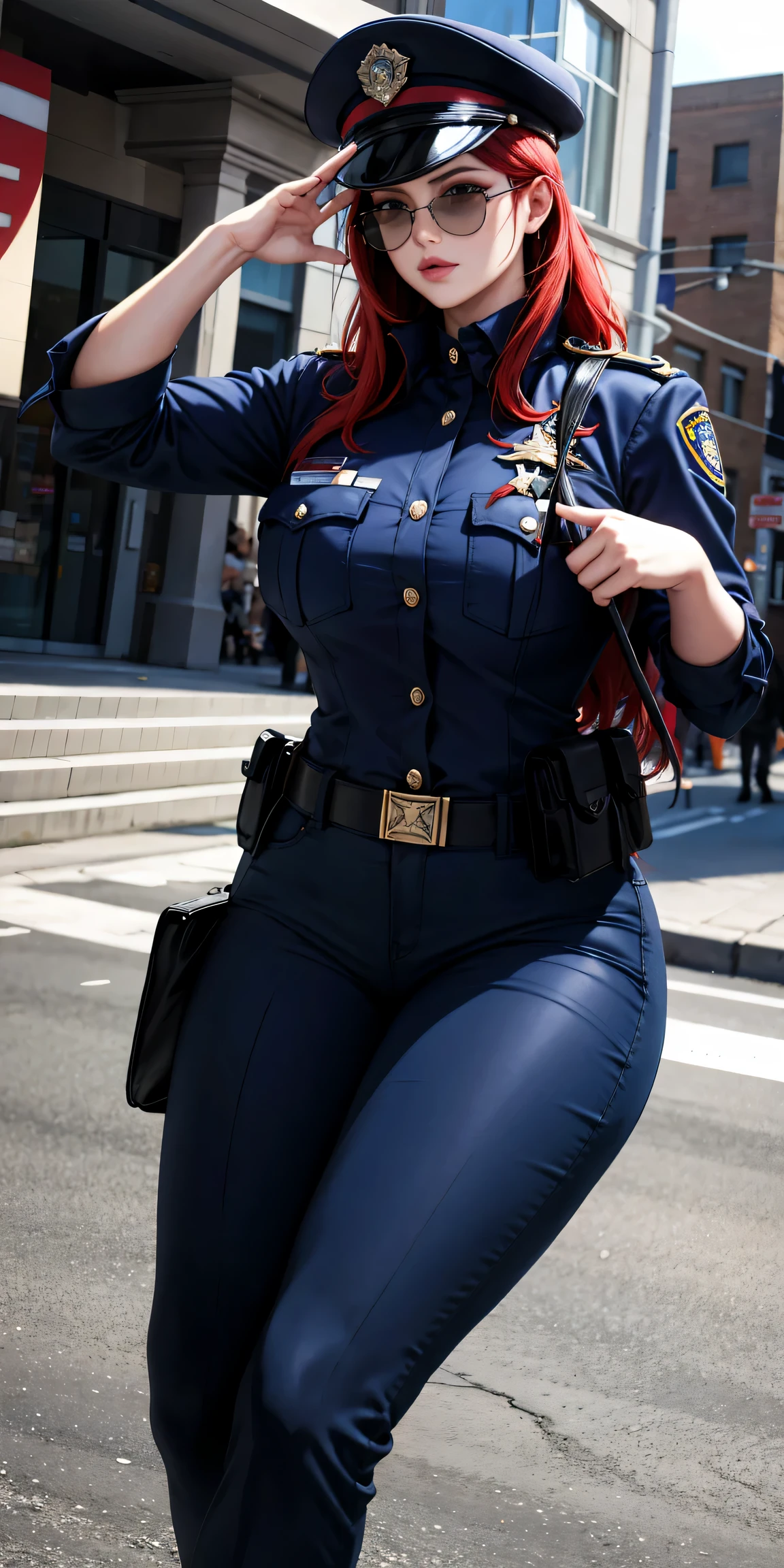 Police cap girl red hair long sunglasses police uniform super model beautiful face 