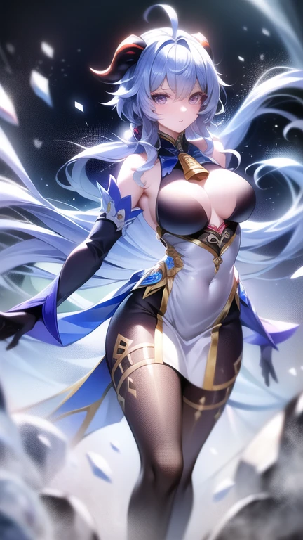 (masterpiece), best quality, expressive eyes, perfect face,1girl,raiden shogun,genshin impact,japanese garden,lightning in the air,(purple magic wand),holding,holding wand,shy smile,blush,cowboy shot,glowing eyes,big breasts,cleavage,bare shoulder,(magical girl:1.6),(harem outfit),navel,pelvic curtain,detached sleeves,thighhigh stockings,studio lighting,(sparkle:0.9),(glitter:0.9),alternative costume