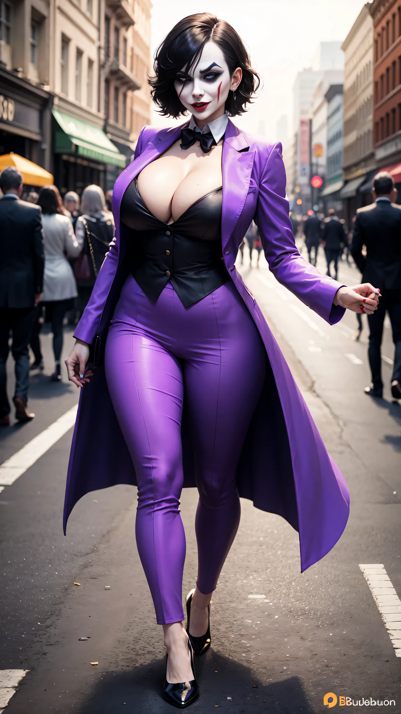 Joker dressed as a woman, 30 years old, full body shot, on the crowded street, giga_busty