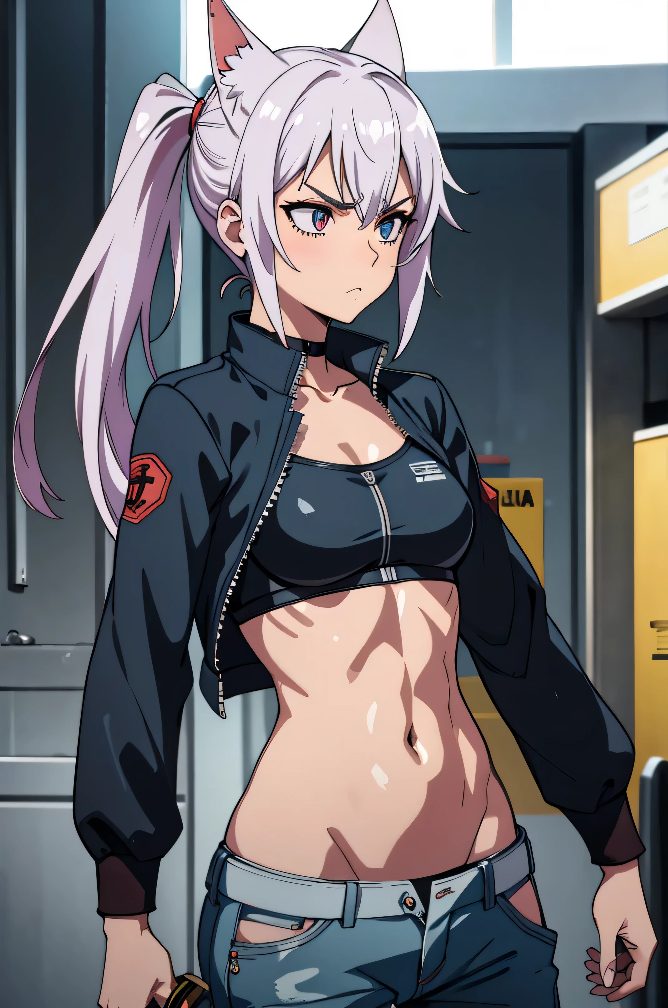 Uma mulher fica alta, segurando katana, vestindo uma jaqueta de couro preta aberta, bikini under the jacket, Torn pants, athletic body, perfect physique, tamanho do peito: 1.4, um olhar penetrante, Serious Expression,abdomen:1.4" suada, molhada, ferimento leve.
