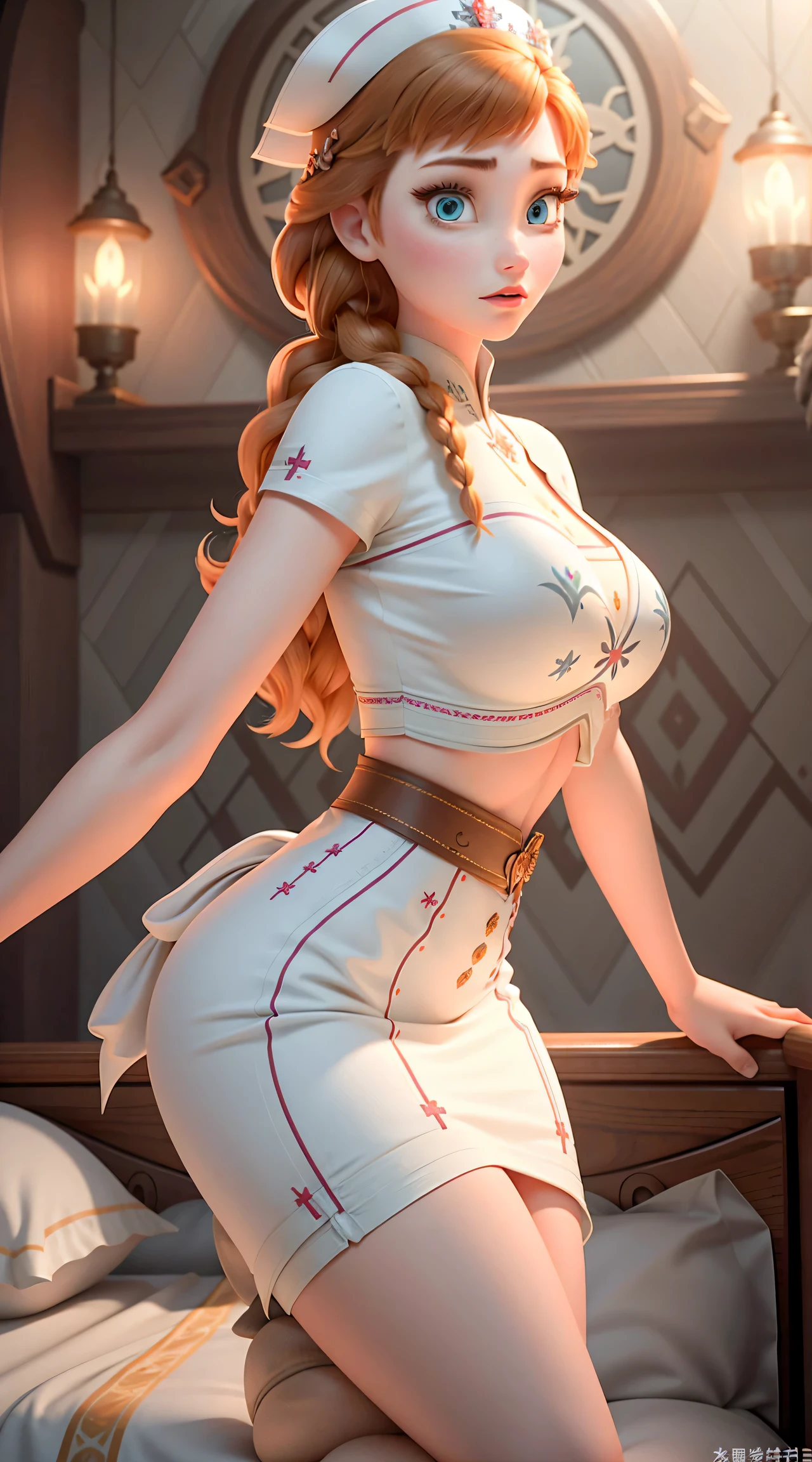 Photo of Anna of Arendelle, wearing a white nurse outfit,  tall and sexy, superb face, perfect body, huge breasts, tall, sexy legs, bursting huge breasts, wide hips, busty, enormous breasts, happy.