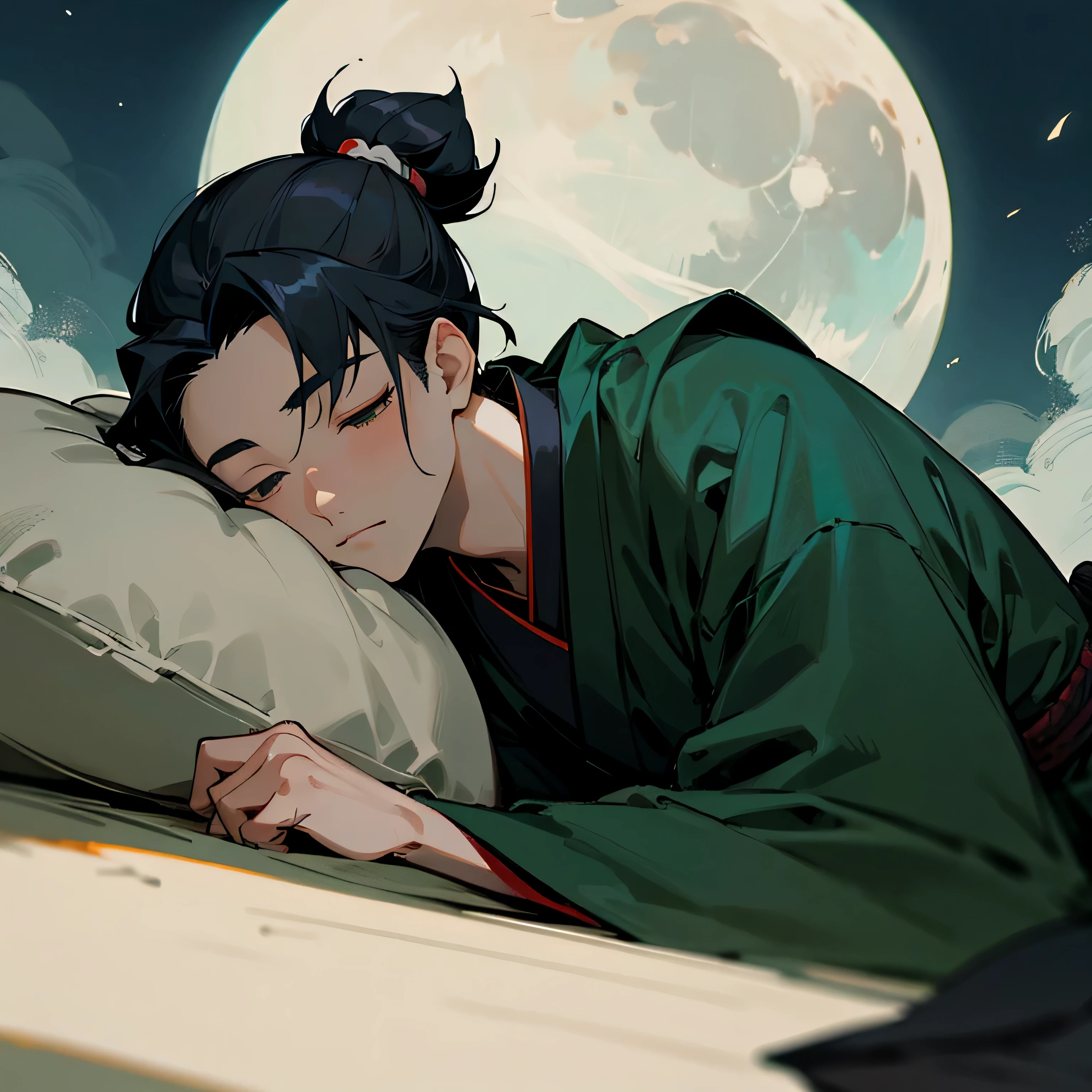 Close-up of a young Japanese samurai man sleeping,Hair is black topknot,wonderful,The moonlight is beautiful in the middle of the night、Green as the base color、One eye open