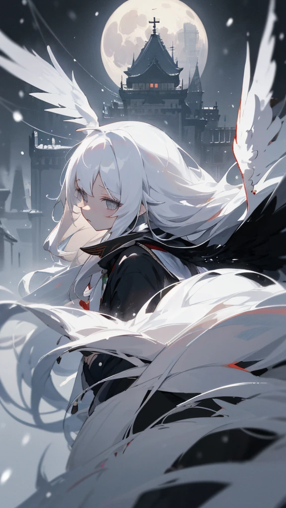 (masterpiece、highest quality)、Very long white hair、Very long white hairの女の1人、Black cardigan、Grim expression、Grey Eyes、Warm lighting、 Blurred foreground、night深く、High Contrast、night、In the city,it&#39;s snowing,Heavy snowfall,winter,Alone in the vast snowy field,whole body,curse,Facing forward,Huge construction,Flying with robot wings,Long Hair,真っ黒なnight,full moon,universe,Princess Kaguya,planet