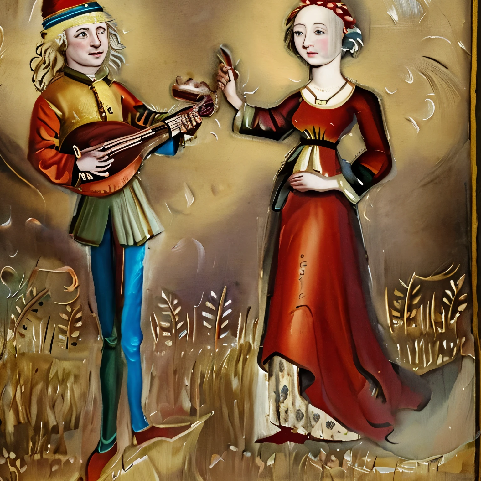 a close up of a painting of a man and a woman playing a musical instrument, holding a lute, of a 15th century, medieval illustration, medieval manuscript illustration, sqare-jawed in medieval clothing, dressed in a [ [ 1 2 th century, medival, lute, medieval book illustration, a human bard