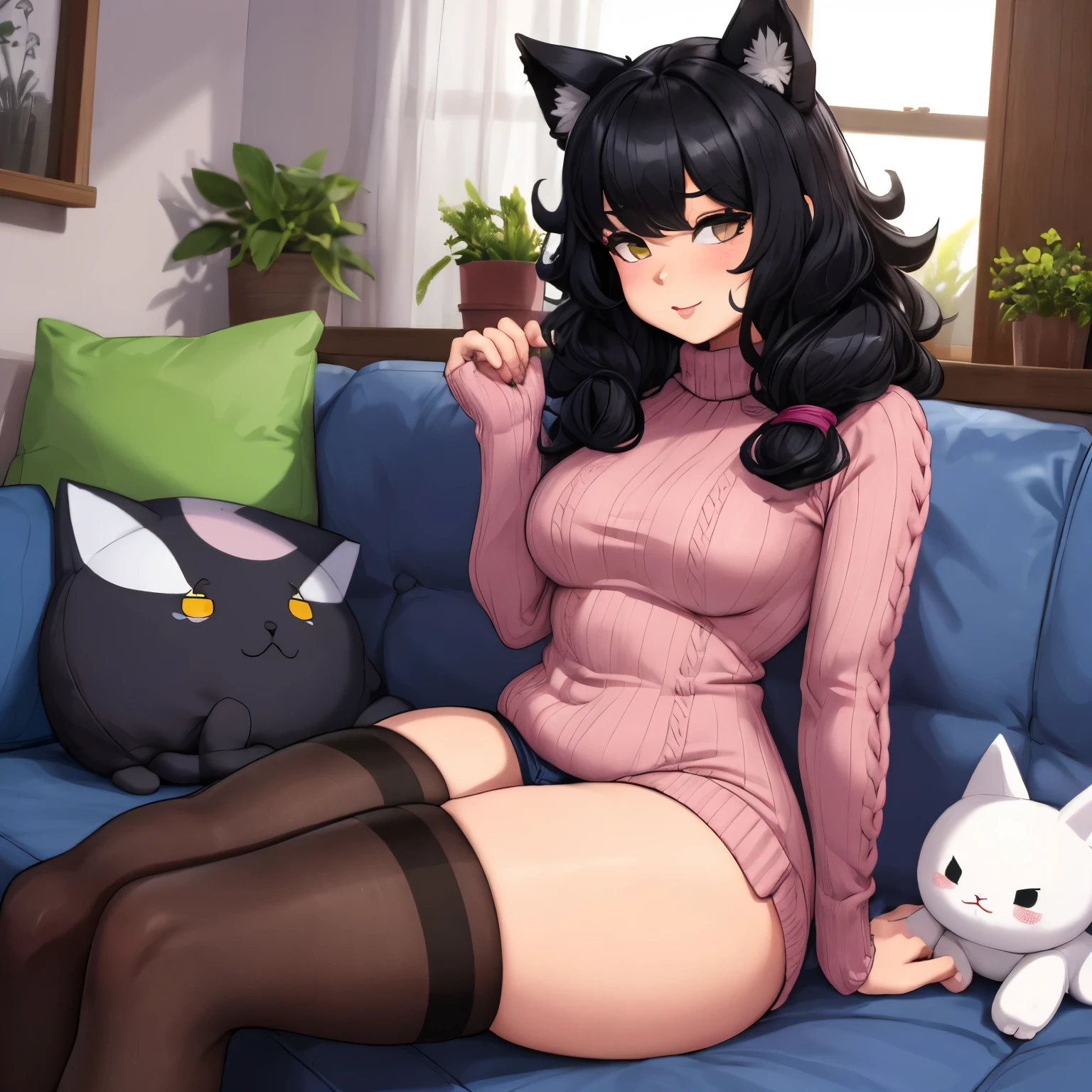 By bebebebebe, by spuydjeks, by buta99, by spikedmauler. a cute human neko girl with cat ears, thicc, cutie, wearing a virgin killer pink sweater, wearing thigh high black stockings, thighs,  solo, alone, thicc, (SOLO)(ALONE) has wavy curly hair, kawaii, portrait, multi colored black hair, wearing micro shorts, relaxing on couch, mommy vibes, , small , relaxing, realistic shadows, perfect masterpiece, surrounded by plushies