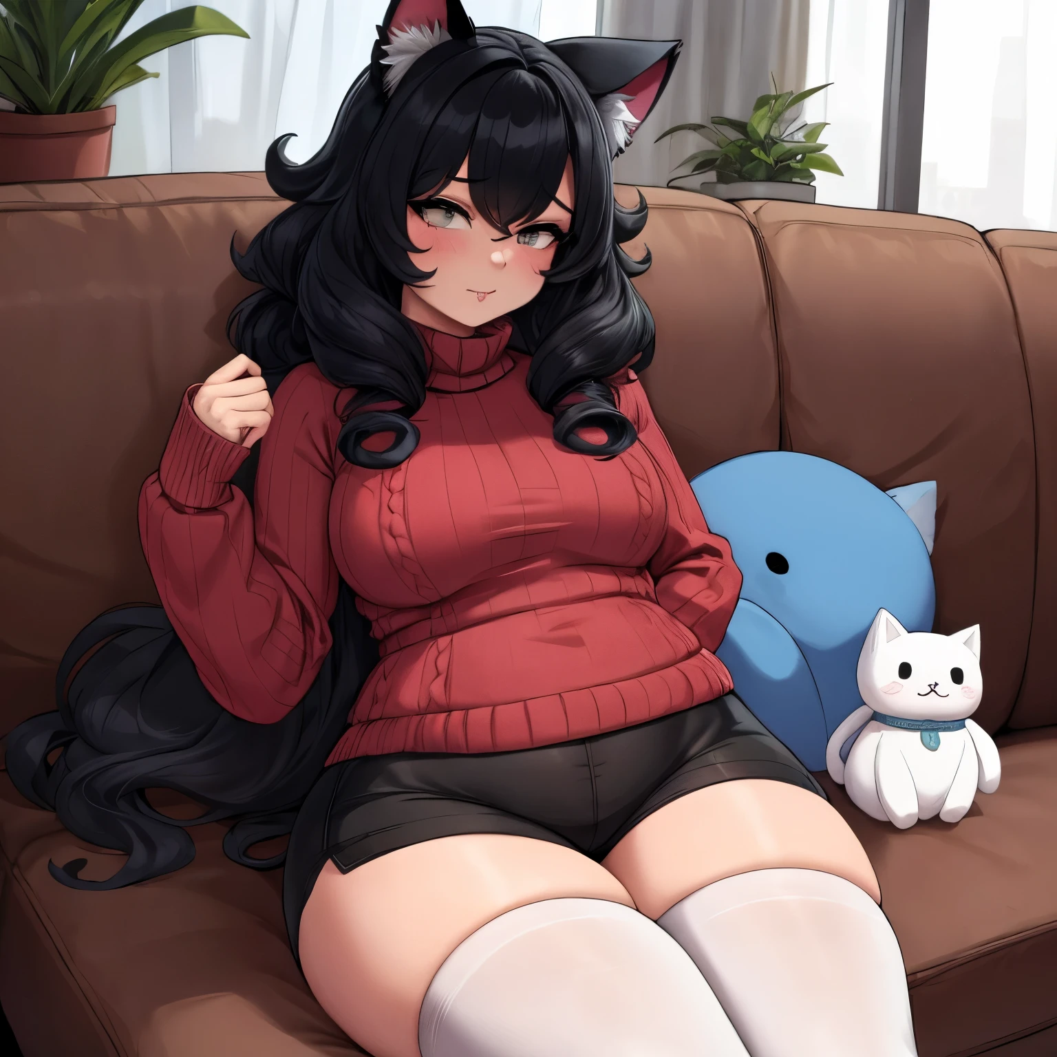 By bebebebebe, by spuydjeks, by buta99, by spikedmauler. a cute human neko girl with cat ears, thicc, cutie, wearing a virgin killer pink sweater, wearing thigh high black stockings, thighs,  solo, alone, thicc, (SOLO)(ALONE) has wavy curly hair, kawaii, portrait, multi colored black hair, wearing micro shorts, relaxing on couch, mommy vibes, , small , relaxing, realistic shadows, perfect masterpiece, surrounded by plushies