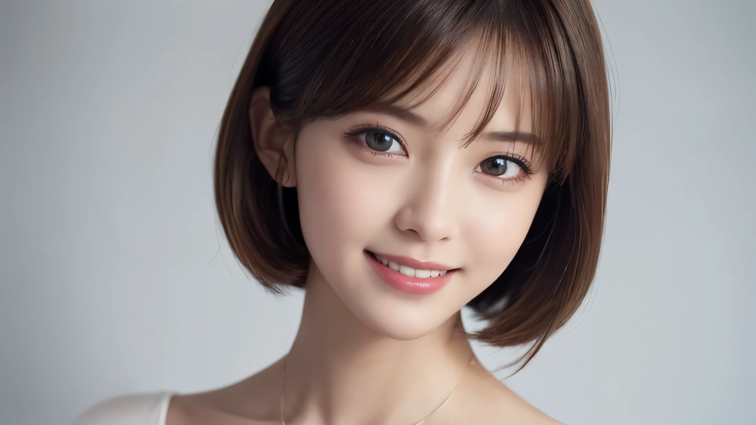 One Girl, (Dress in trendy fashion:1.2), (RAW Photos, highest quality), (Realistic, Photorealistic:1.4), Tabletop, Very delicate and beautiful, Very detailed, 2k wallpaper, wonderful, In detail, Very detailedな CG Unity 8K 壁紙, Very detailedな, High resolution, Soft Light, Beautiful detailed girl, looking at the camera、Very detailedな目と顔, Beautifully detailed nose, Beautiful fine details, Bob Hair, small, Navy Blue Dress、White background、Background is white、Cinema Lighting, Perfect Anatomy, Slender body, smile,