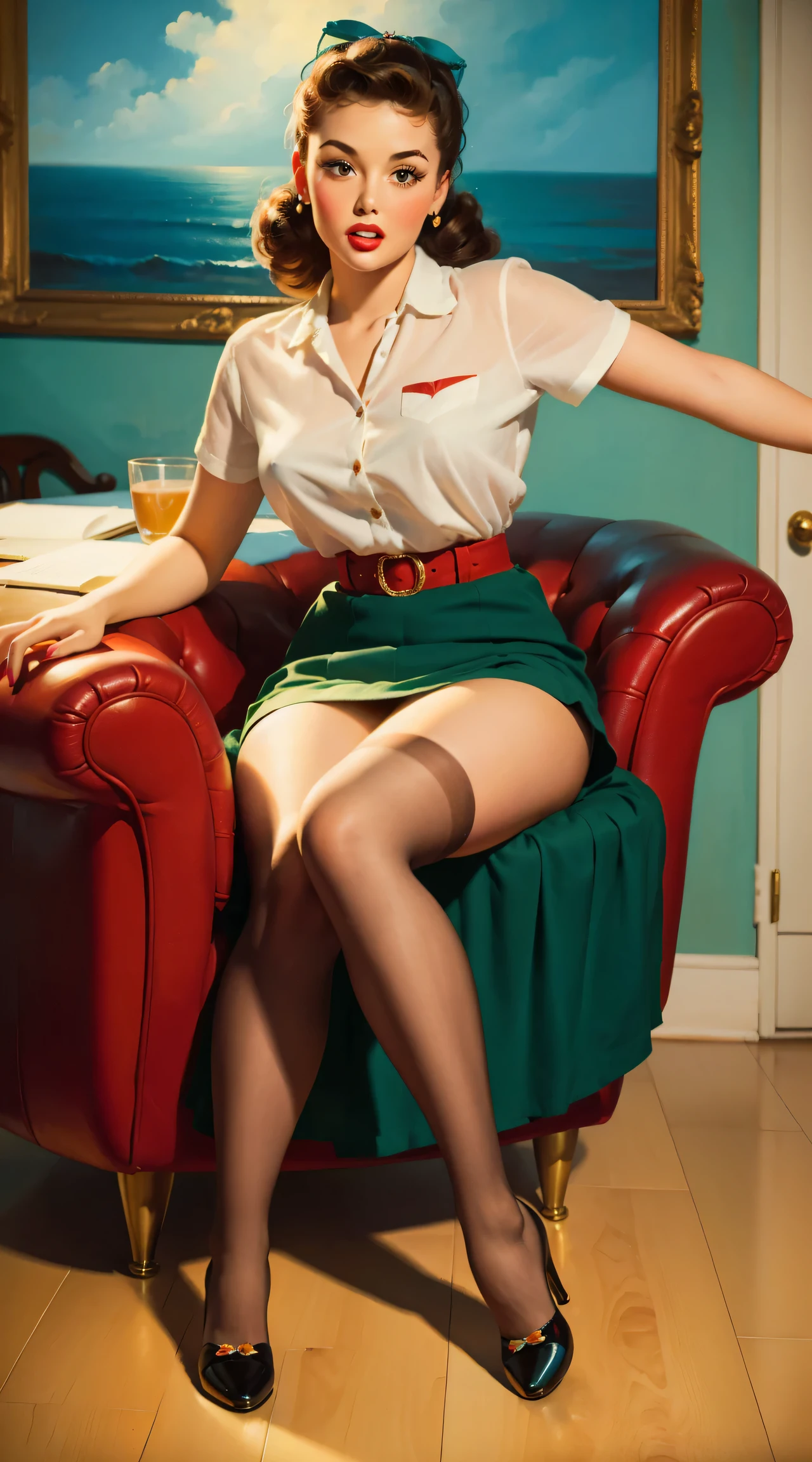 20 years old girl sitting on the chair, vintage, retro pin up style,sexy, , surprised, mini tight skirt, flowing skirt, colorful , masterpieces art work, illustrated,