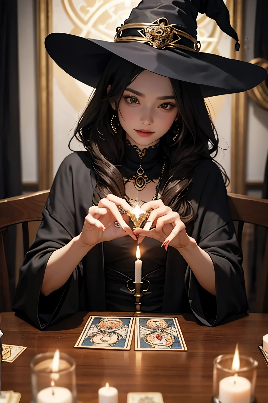 perfect hands, Araped woman sitting at table, casting spell, fortune-teller, casting spell wizard, black magic spells, Tarot Card Environment, female wizard who practices magic, wizard reading tarot, magic magic, 보호 casting spell, witch woman, Dark fantasy female wizard, With the power of black magic, Candles and tarot cards on the table, with tarot cards, "Look straight into the camera,", Random Actions,