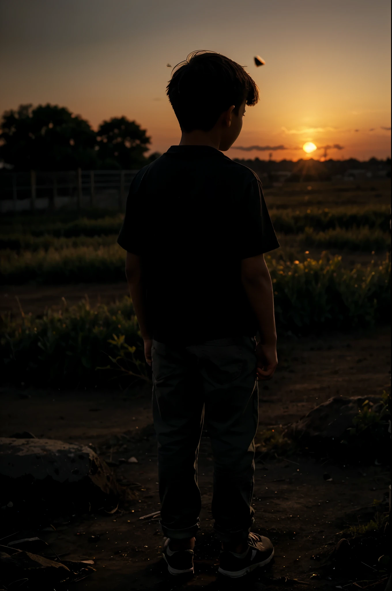A boy standing alone in the dark sunset