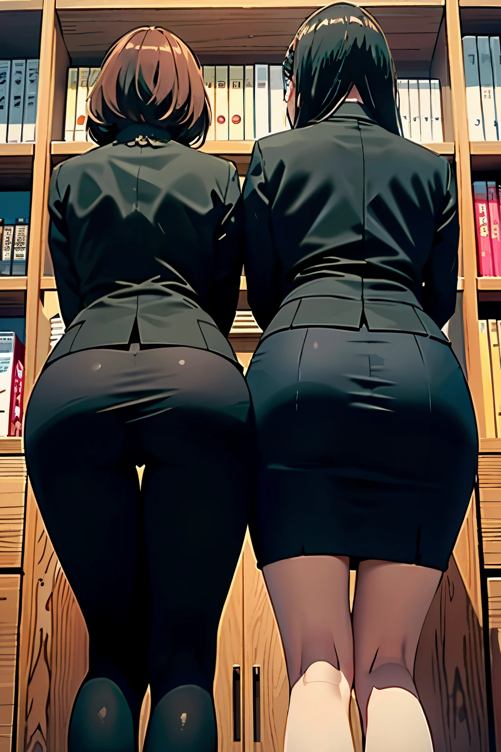 ((highest quality)), ((masterpiece)), (be familiar with), (High definition), (Real), 8K, Best Shadow, Side lighting, Cinematic、Low contrast、(Complex:1.4)、(Two office ladies standing side by side with their butts sticking out)、milf, business suit、(One is wearing a pencil skirt、stockings)、(One is wearing a pantsuit)、(Close-up of two people&#39;s buttocks:1.2)、((Back view))、hidden camera photos、Low angle behind、(Cabinet bookshelf in a bright office)