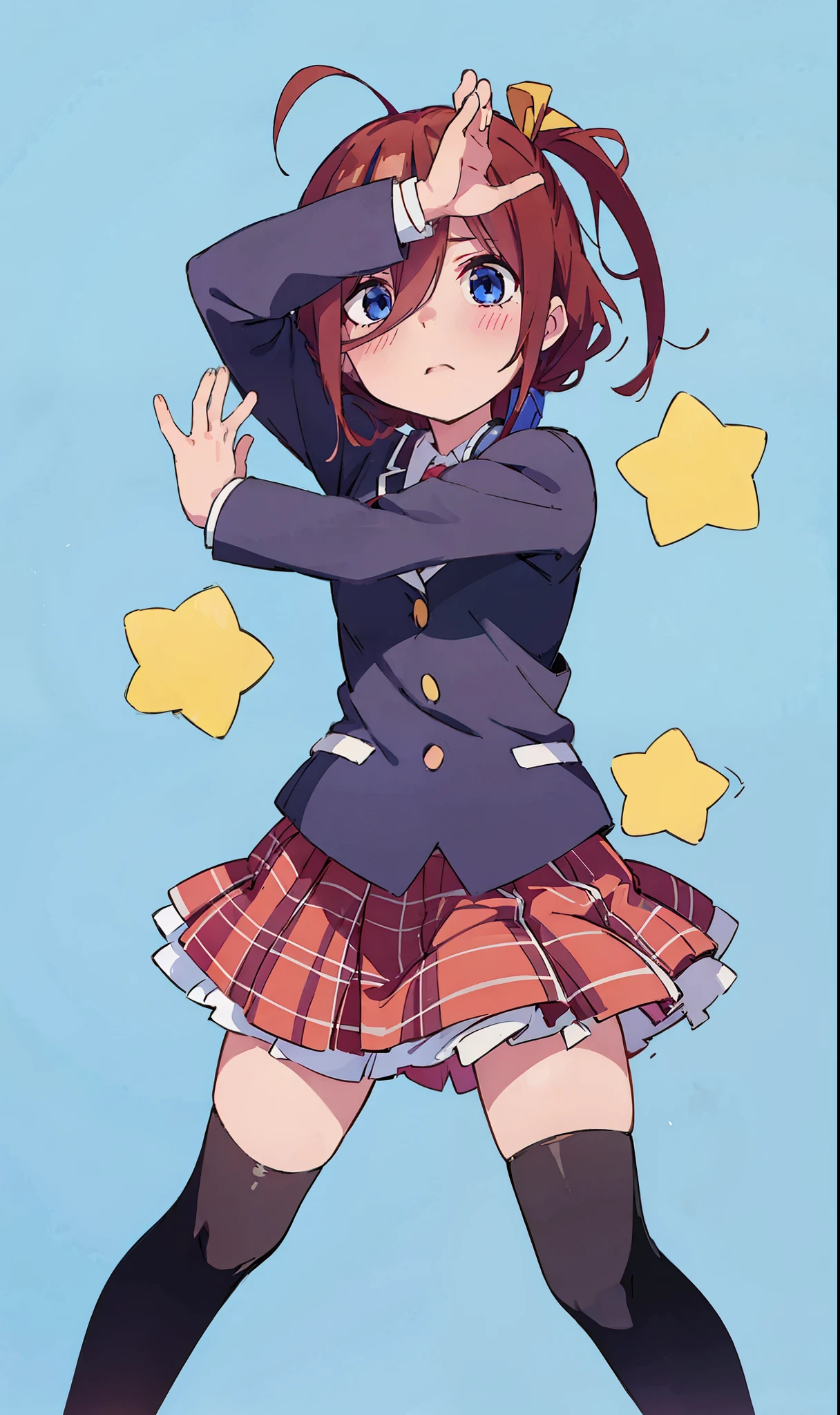 Miku Nakano dressed up as Rikka Takanashi. Miku nakasno, short fluffy red brown pink hair, hair across face, hair strand falling across face, eye patch, yellow little ribbon on hair, blue eye, rikka's uniform, full body, neat lines, clear lines, 4k, perfect fusion, masterpiece, best quality , eyepatch, black private high ,black jacket, plaid frilled skirt,, blushing, cute, blue headphones

