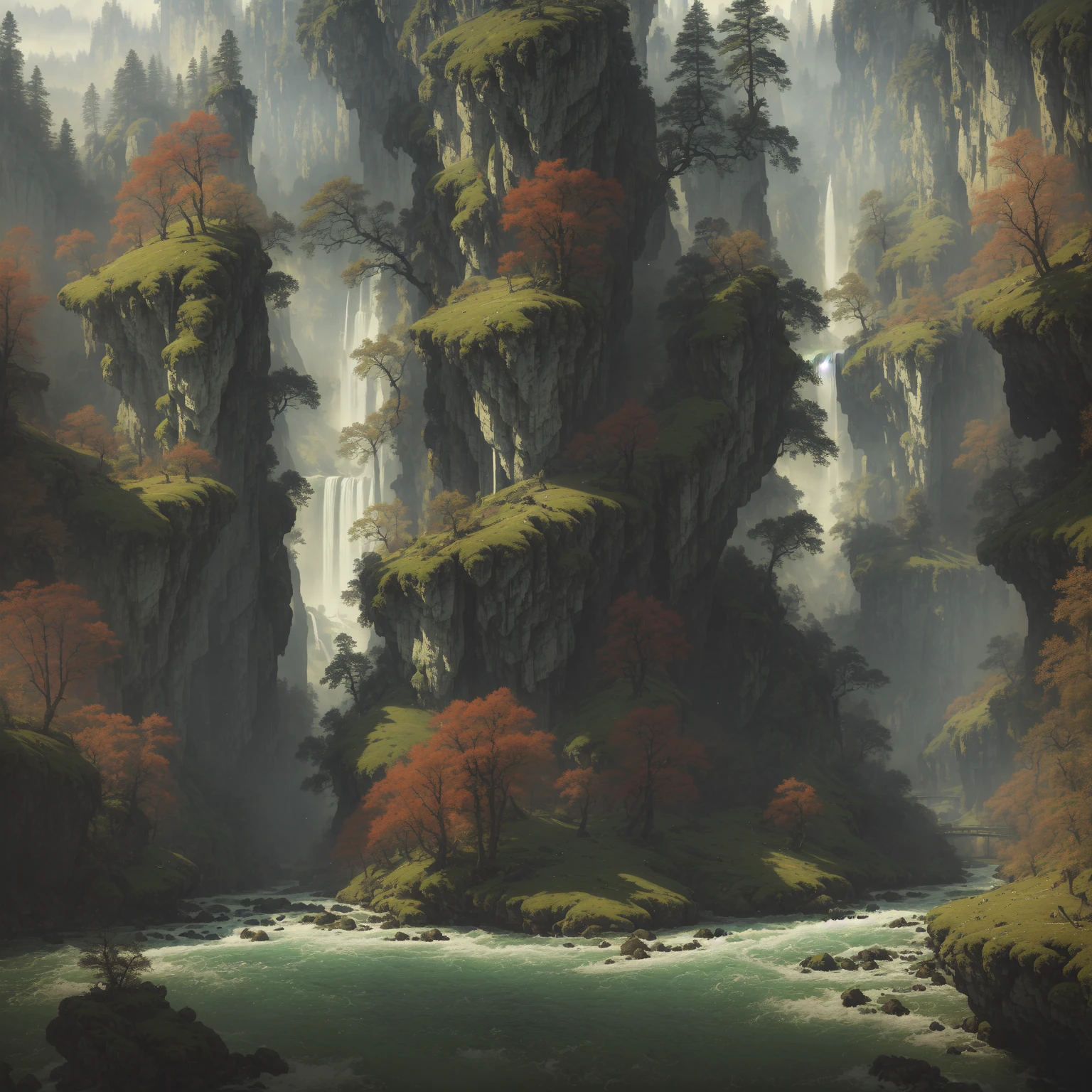 Analog style,ChromaV5,nvinkpunk,(extremely detailed CG unity 8k wallpaper),An image of a majestic river, trees on the sides, tiny waterfall, intense fog ,award winning photography, Chromatic Aberration, Detailed , HDR, Bloom, style by Monet, Pissarro, and Sisley ,trending on ArtStation, trending on CGSociety, art by midjourney