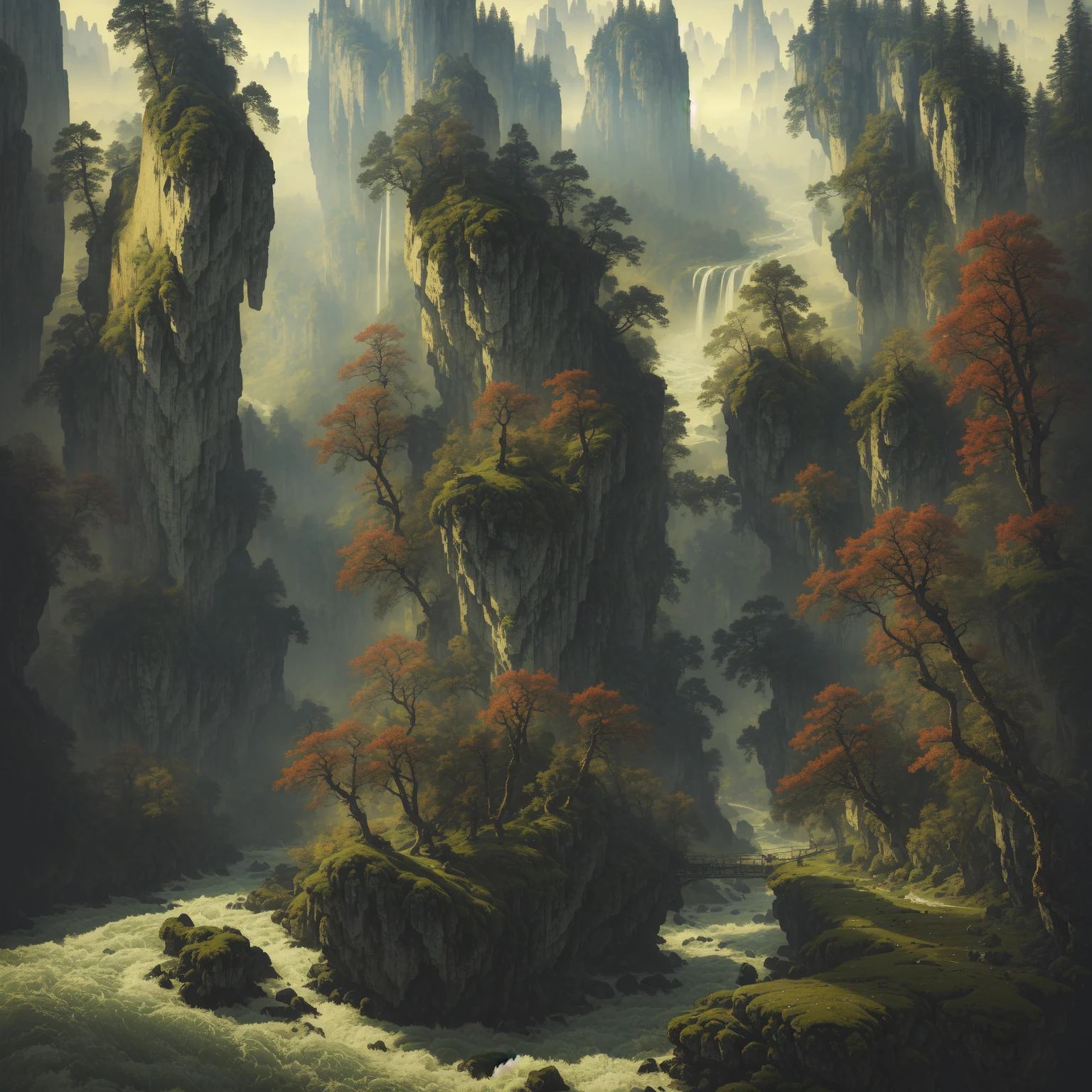 Analog style,ChromaV5,nvinkpunk,(extremely detailed CG unity 8k wallpaper),An image of a majestic river, trees on the sides, tiny waterfall, intense fog ,award winning photography, Chromatic Aberration, Detailed , HDR, Bloom, style by Monet, Pissarro, and Sisley ,trending on ArtStation, trending on CGSociety, art by midjourney