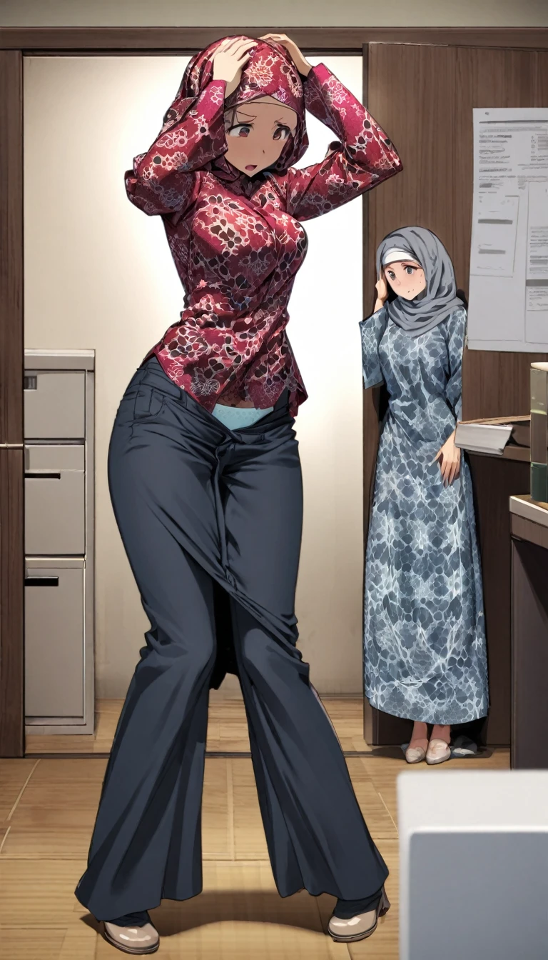 A woman trapped in the haunted office room, wearing hijab, batik shirt, pull down her sagging jeans, panties accidentally exposed, hands on her head 