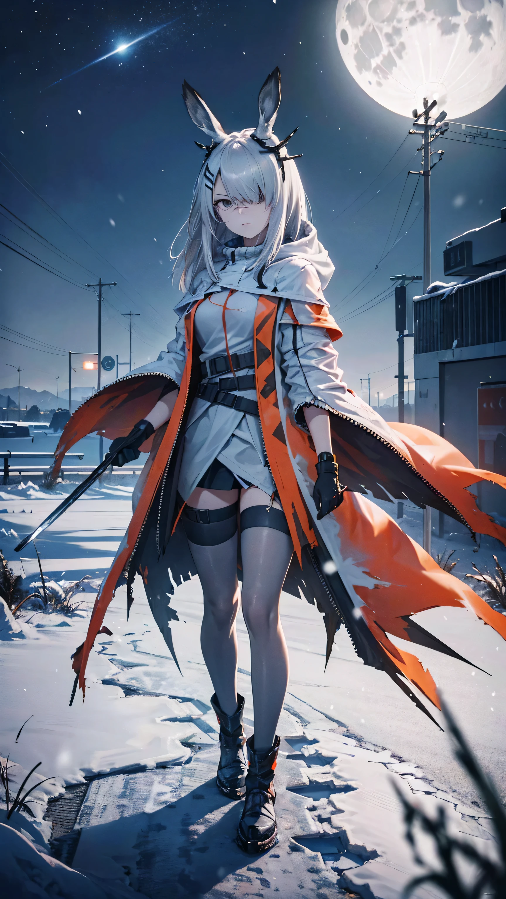 ((стиль sci-fi)), detailed image, 1 adult girl, (FrostNova), (Arknights), (goes straight to the viewer), go towards the viewer, One eye is covered with bangs, grey eyes, Waist-length long hair, straight hair, (Menacing look), (angry face), full body view, (close to the viewer), (night), (Moon in the sky), Stars, ((snow falls))