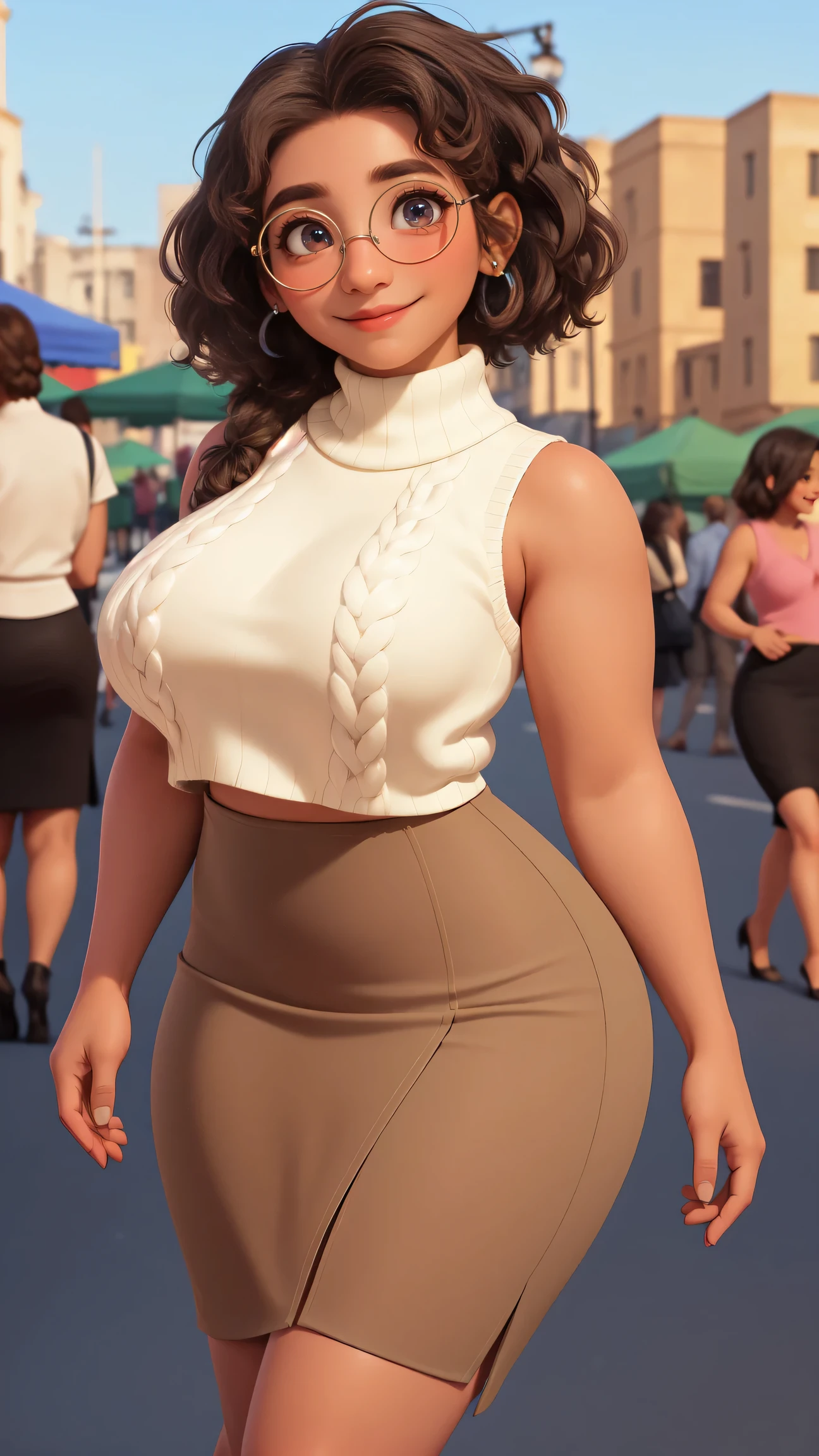 mirabel madrigal, glasses, smile, ((sleeveless sweater)), market background, (((pencil skirt))), (((brown skin))), detailed skin, perfect legs, perfect thighs, (((curvy body))), BIG BREASTS, INVITING TO SEX