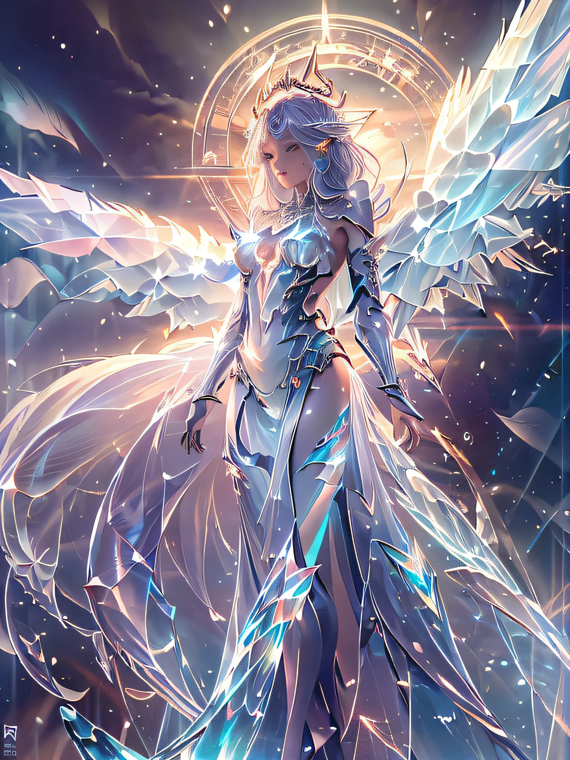 ((Need)), ((com.tmasterpiece)), (Detailed)),A futuristic transparent ethereal angel,Girl,Full body,everyone,خلفية bigة,Character centered,big,Powers,Sky cloud wallpaper,Future wonderland wallpaper,الريش big جدًا,With wings,Suns,Holy rays,The aura,Colorful rainbow,16 kg,Ultra-clear resolution,Simple configuration,Correct anatomy,Surreal dreams,Fantasy art style,Epic digital fantasy art style,Germ Art, white coat, The radiant light octane display is highly detailed,The face is accurately depicted,Thin makeup,Finely detailed eyes,divine,Unexposed,With good personality