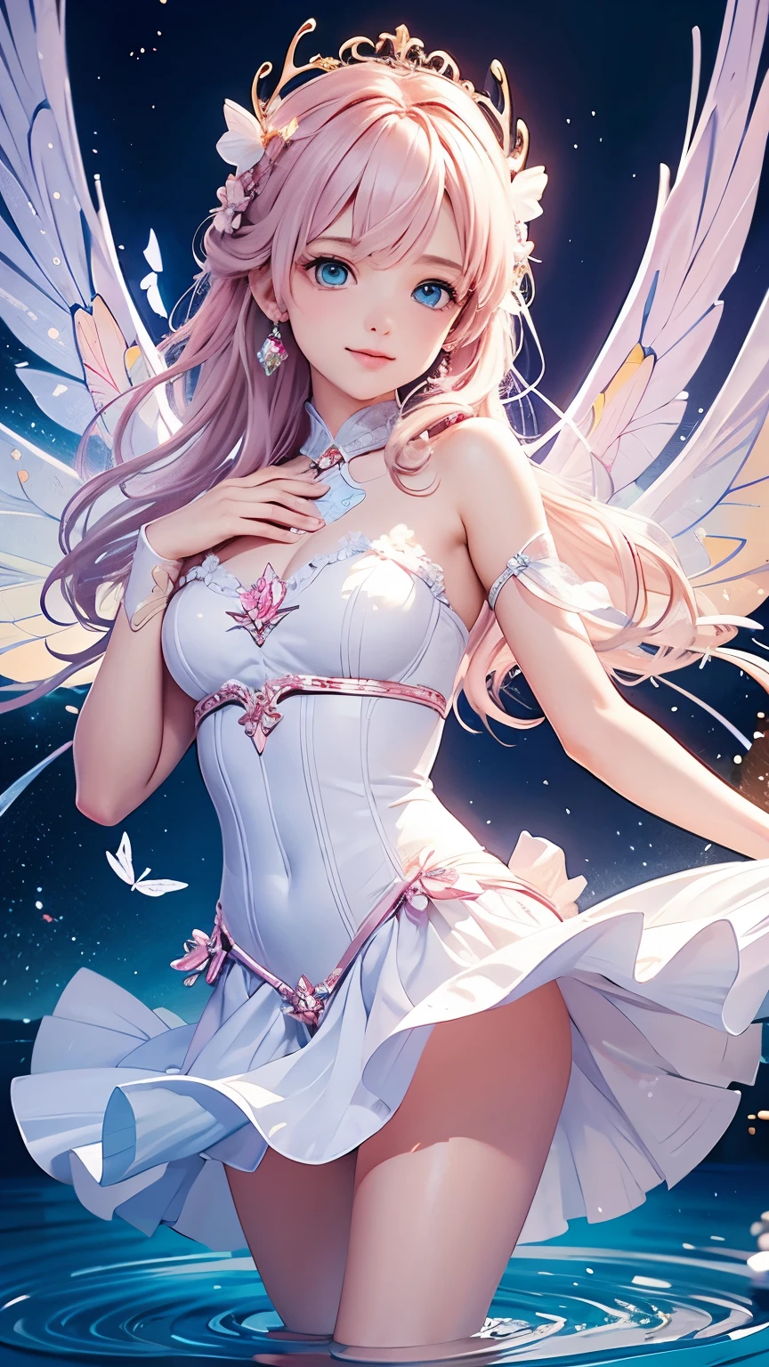 Holy light butterfly angel girl,Butterfly Wings,Chest shooting(micro),Rococo pastel style,Light white and light red,Very beautiful,Sakura NS,Sparkling water reflections,combine,Flowing,Ultra-realistic,da pintura,Mysterious,Elsa Burda,Stock Photo,Mixed reality and fantasy elements,Ray Tracing,Complex Pattern,Delicate line drawing,Pressed Crystals,Beautiful Hands