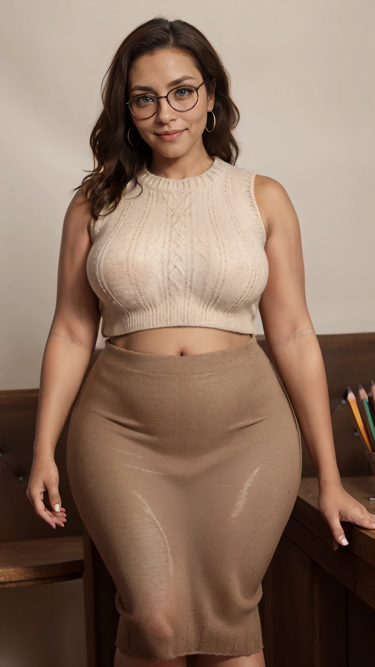 mirabel madrigal,  glasses, smile, ((sleeveless sweater)), market background, (((pencil skirt))), (((brown skin))), detailed skin, perfect legs, perfect thighs, (((curvy body))), BIG BREASTS, INVITING TO SEX