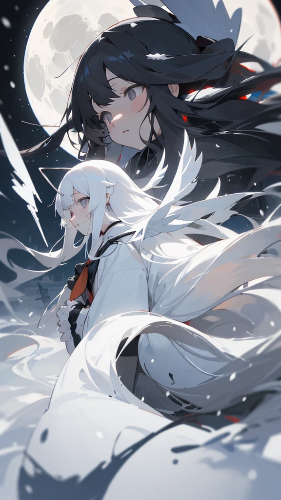 (masterpiece、highest quality)、Very long white hair、Very long white hairの女の1人、Black cardigan、Grim expression、Grey Eyes、Warm lighting、 Blurred foreground、night深く、High Contrast、night、In the city,it's snowing,Heavy snowfall,winter,Alone in the vast snowy field,whole body,curse,Facing forward,Huge construction,Flying with robot wings,Long Hair,真っ黒なnight,full moon,universe,Princess Kaguya,planet