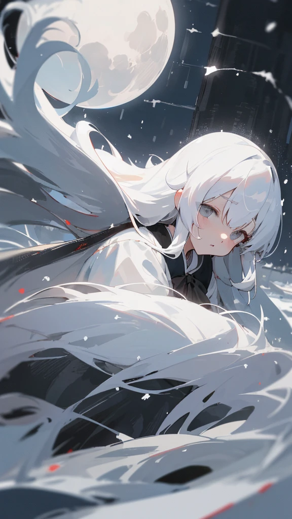 (masterpiece、highest quality)、Very long white hair、Very long white hairの女の1人、Black cardigan、Grim expression、Grey Eyes、Warm lighting、 Blurred foreground、night深く、High Contrast、night、In the city,it's snowing,Heavy snowfall,winter,Alone in the vast snowy field,whole body,curse,Facing forward,Huge construction,Flying with robot wings,Long Hair,真っ黒なnight,full moon,universe,Princess Kaguya,planet