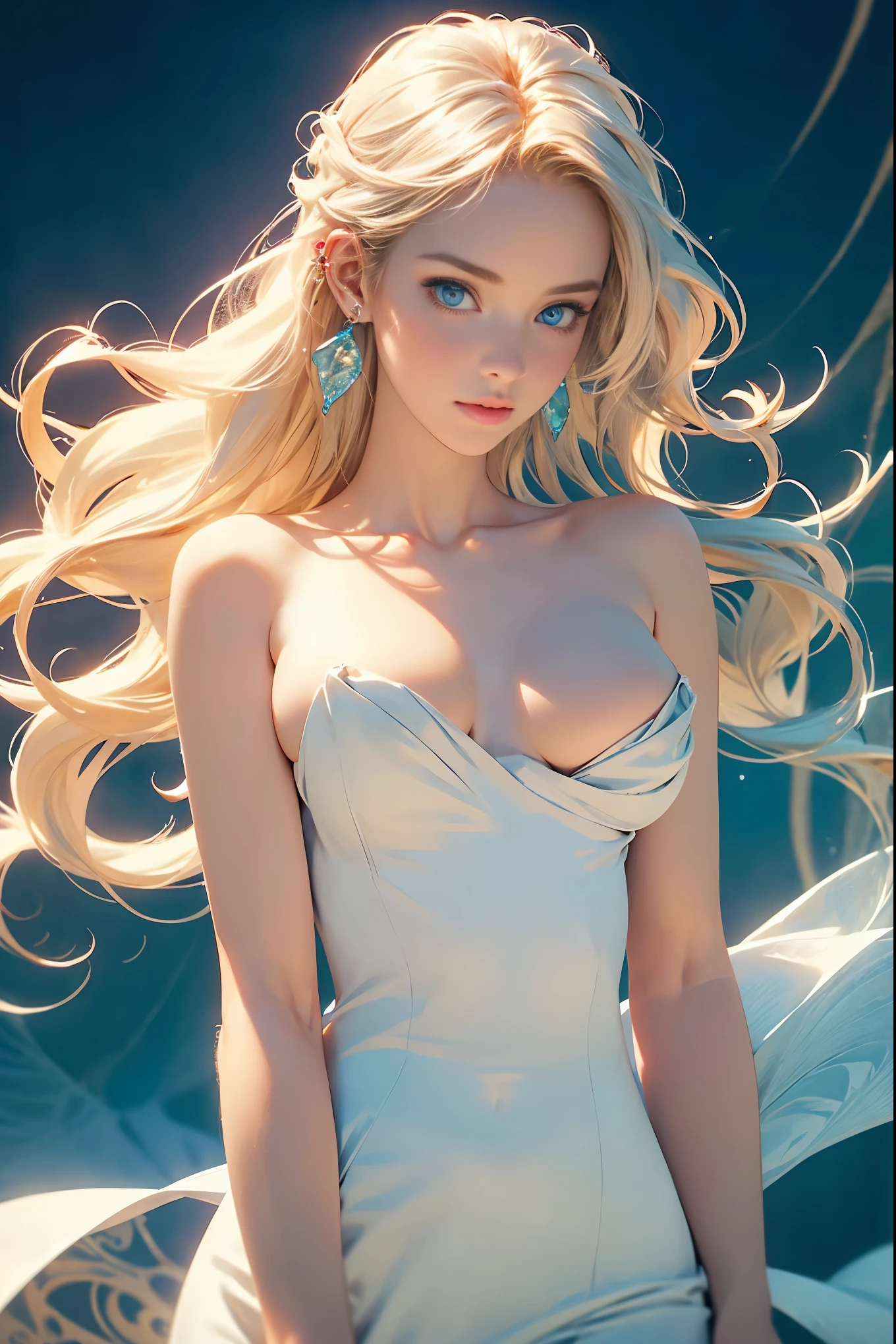 ((best quality)), ((masterpiece)), (detailed), detailed skin, Sapphire Eyes, Long Peach hair with thick waves, white silk dress, fluid dynamics, big bust, brilliant golden halo, creative, tangled, get caught in, High_Lips, (fractal art:1.1), (aquamarine), (peach hair), highest detailed, (zentangle:1.2), (dynamic pose), (abstract background:1.3), (earrings:1.4), (Shiny white skin), tiffany blue, gold, (Big breast), (better delicate eyes), (white dress), (model body), (upper body naked nude), ((close-up face)), happiness, (bright blue eyes), starry, Blue eyes, Ultra-realistic and vivid textures, hard curly, Lovely