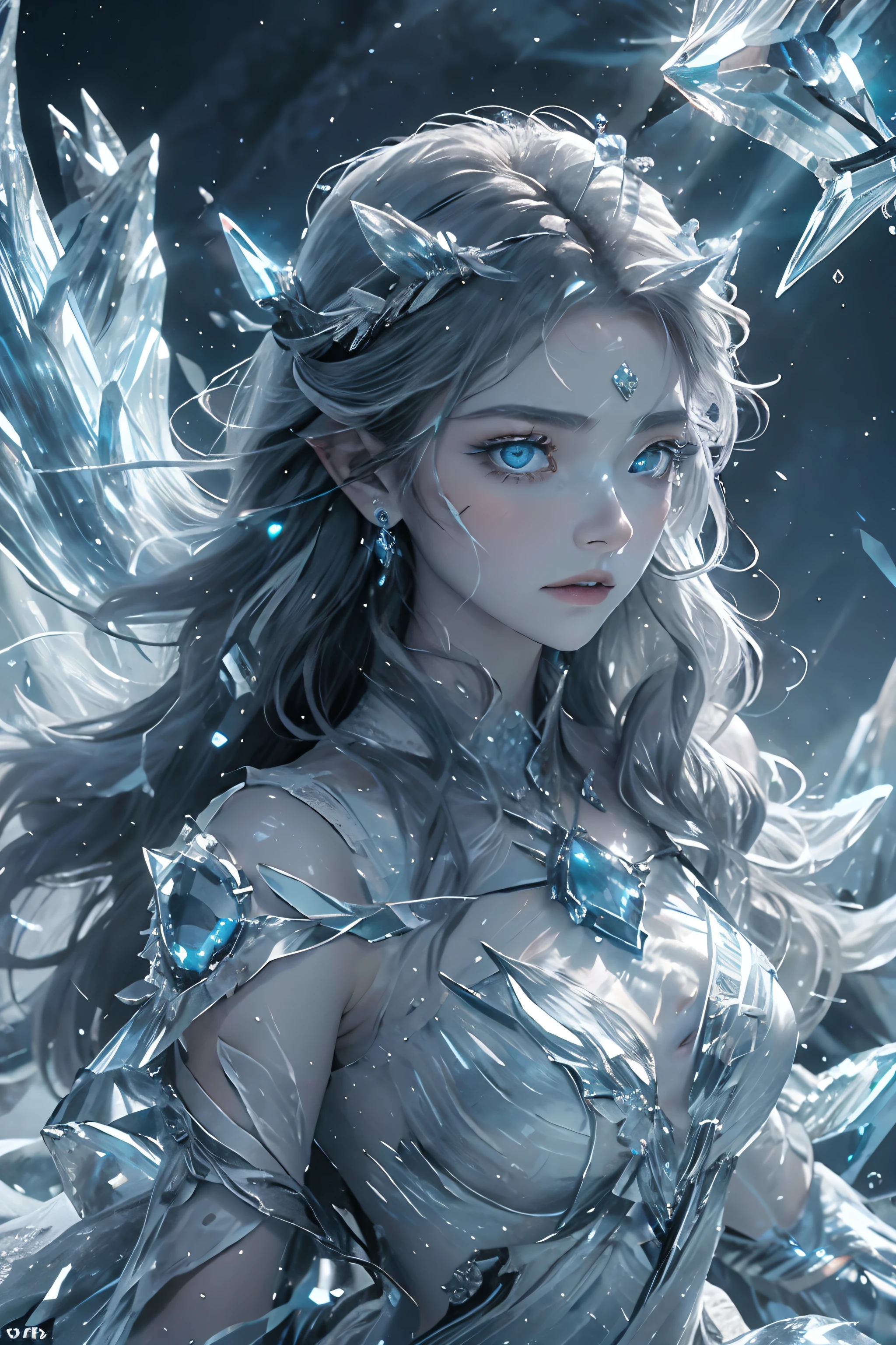 "(Masterpiece, Best quality, Cinema lighting), (خلفية CG Unit 16K مفصلة للغاية), Single, 1 person, Ethereal Ice Goddess, (Finely detailed true circle symmetrical eyes), (Eyes that glow icy blue in the dark:1.8), (A pair of deep blue eyes with a strong ruby light emanating from within:1.7), Bioluminescence. Her eyes are the focal point, Telling tales of ancient frosts and frozen worlds. Engraved features, A delicate face surrounded by frosty, Shiny white hair. In her right hand, She wields an intricate ice scepter, While her left hand conjures a powerful spell, Freeze everything in its path. She stands atop a towering icy cliff overlooking a vast frozen kingdom; less, The tranquil frozen lake reflects the dances of the aurora borealis in the twilight sky. Ancient, Gnarled trees made entirely of ice frame it, Its branches sparkle with thousands of frozen stars. Ice dragons spiral at the top, Their breath crystallizes the air, While an ice phoenix rested gracefully on her shoulders, Their feathers sparkle in the moonlight. The distant sound of cracking glaciers and whispering winds speaks of its power and legacy, Create an ambiance of chilling elegance. Each background element increases its dominance, Show her as the true queen of this ice world."