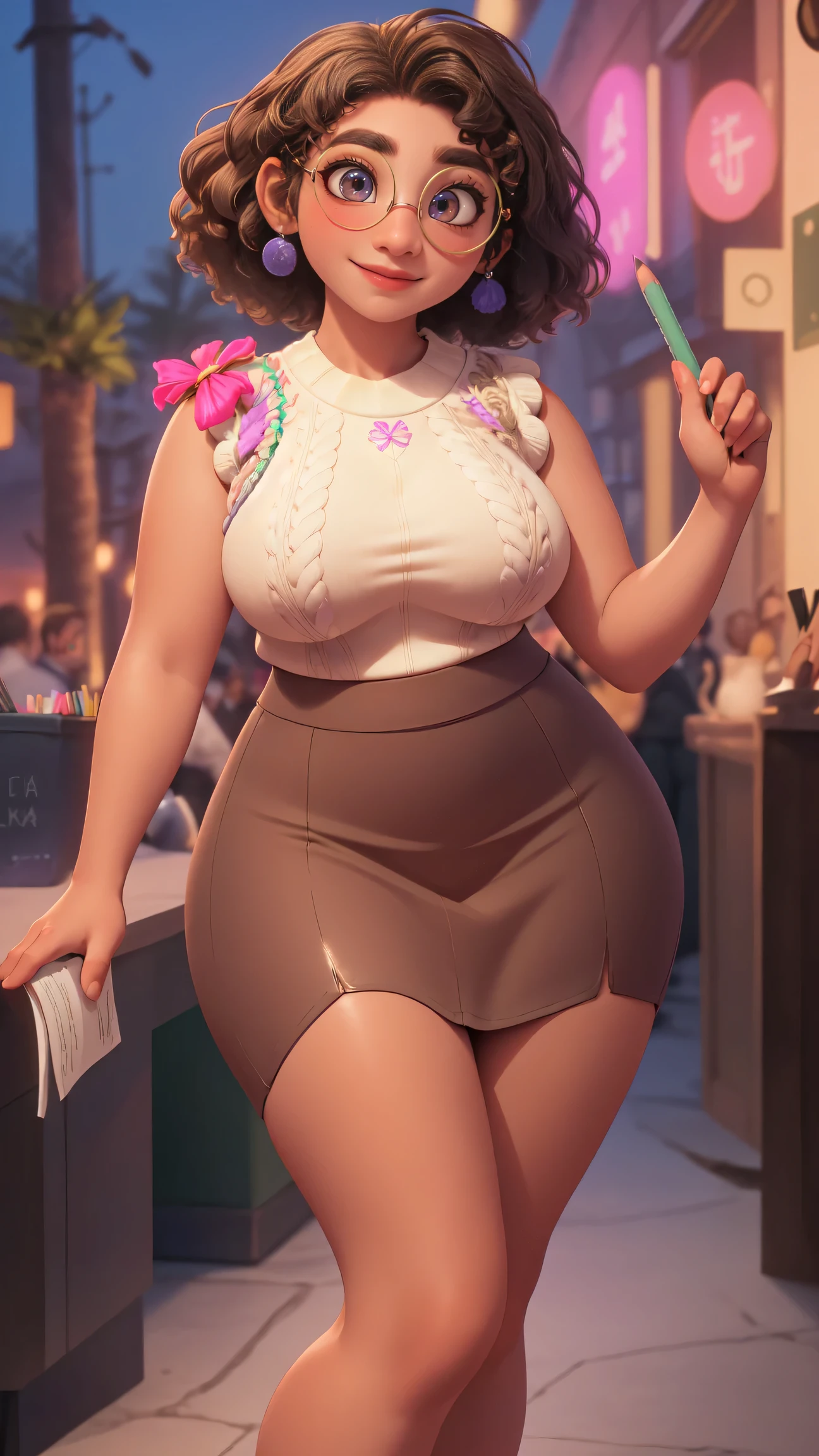 mirabel madrigal,  glasses, smile, ((sleeveless sweater)), market background, (((pencil skirt))), (((brown skin))), detailed skin, perfect legs, perfect thighs, (((curvy body))), BIG BREASTS, INVITING TO SEX