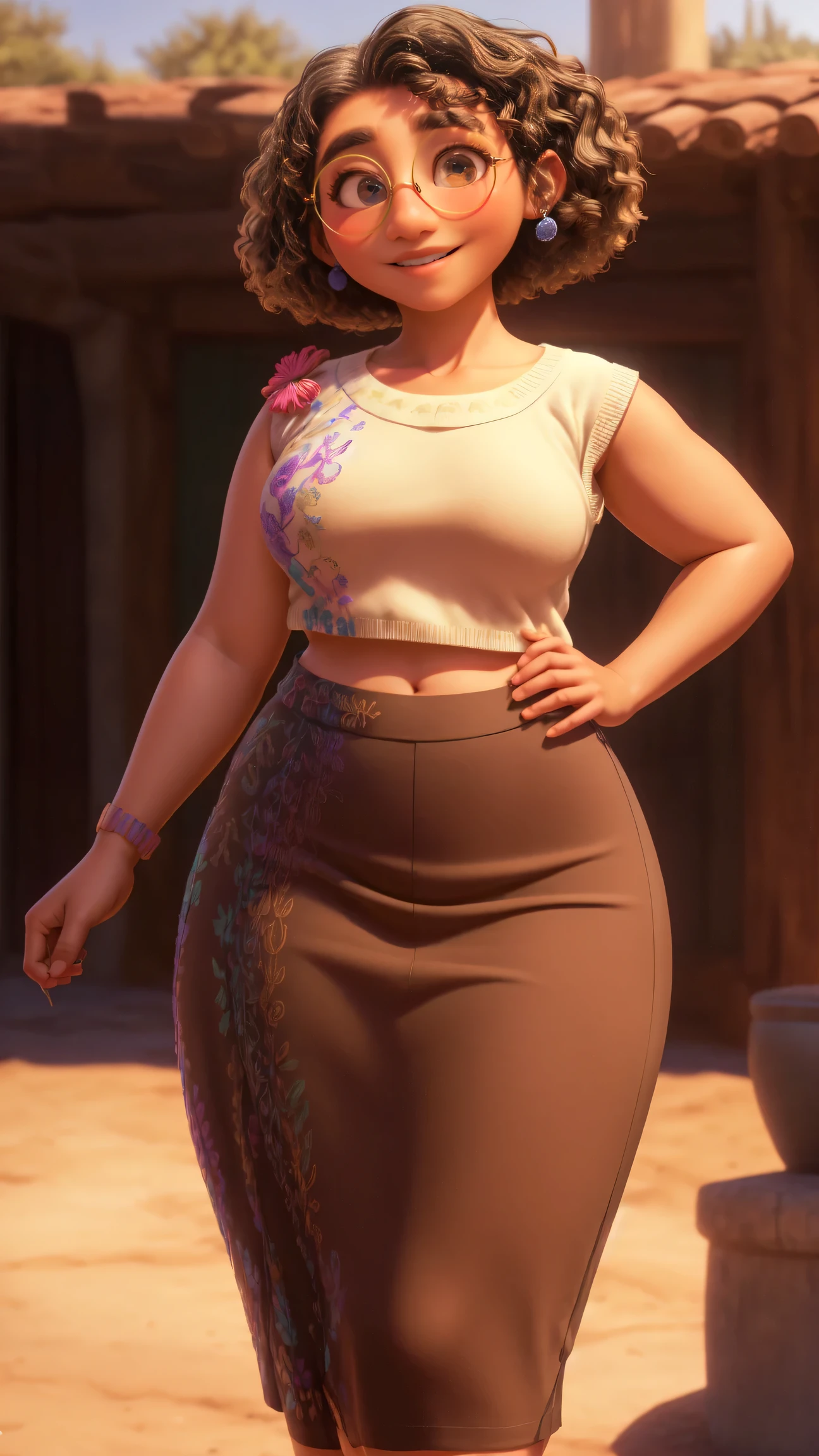 mirabel madrigal, glasses, smile, ((sleeveless sweater)), market background, (((pencil skirt))), (((brown skin))), detailed skin, perfect legs, perfect thighs, (((curvy body))), BIG BREASTS, INVITING TO SEX